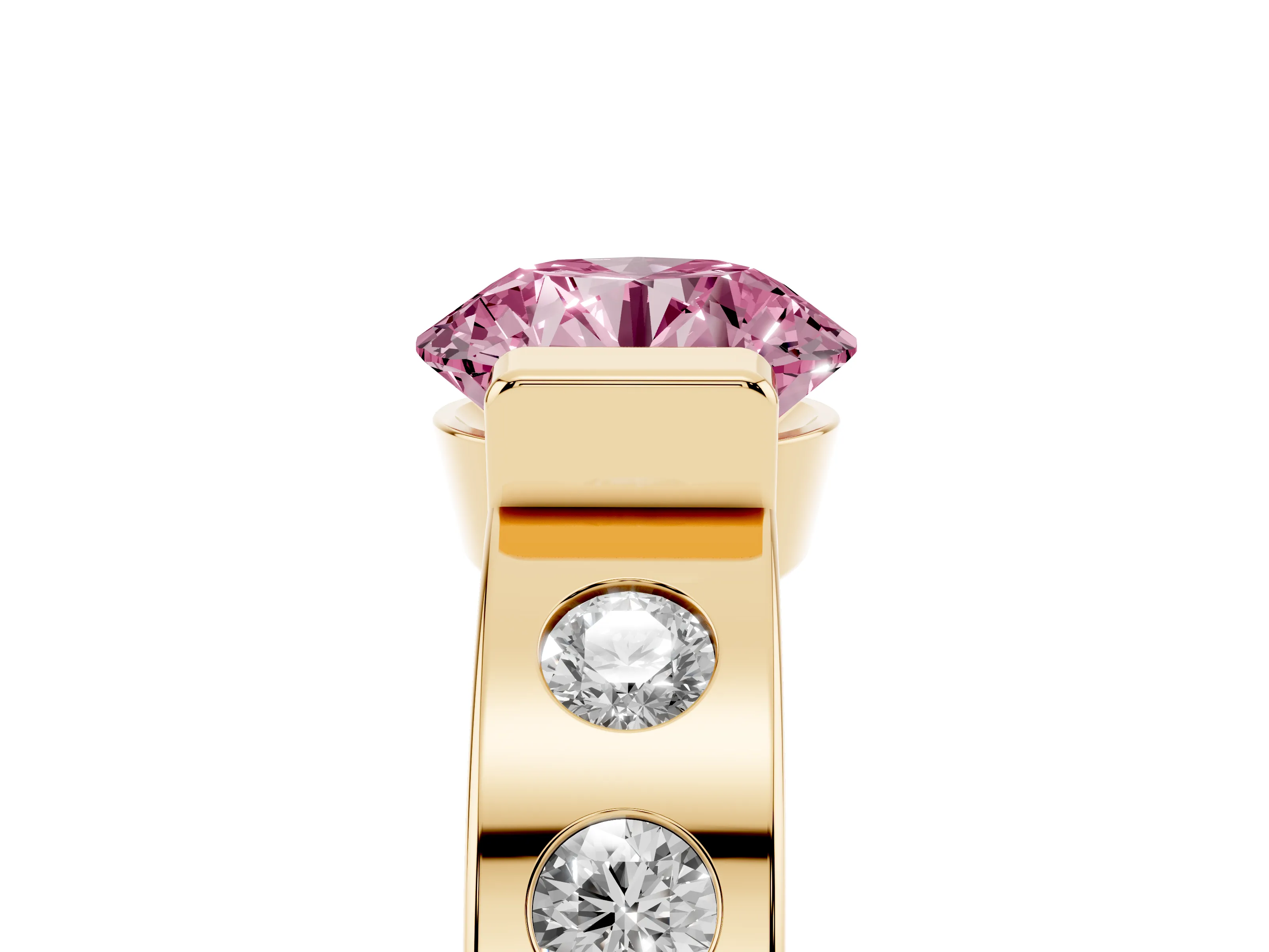 Fancy Pink Round Cut Diamond Channel-Set Band Ring Set in Yellow gold with Bezel Prong Setting