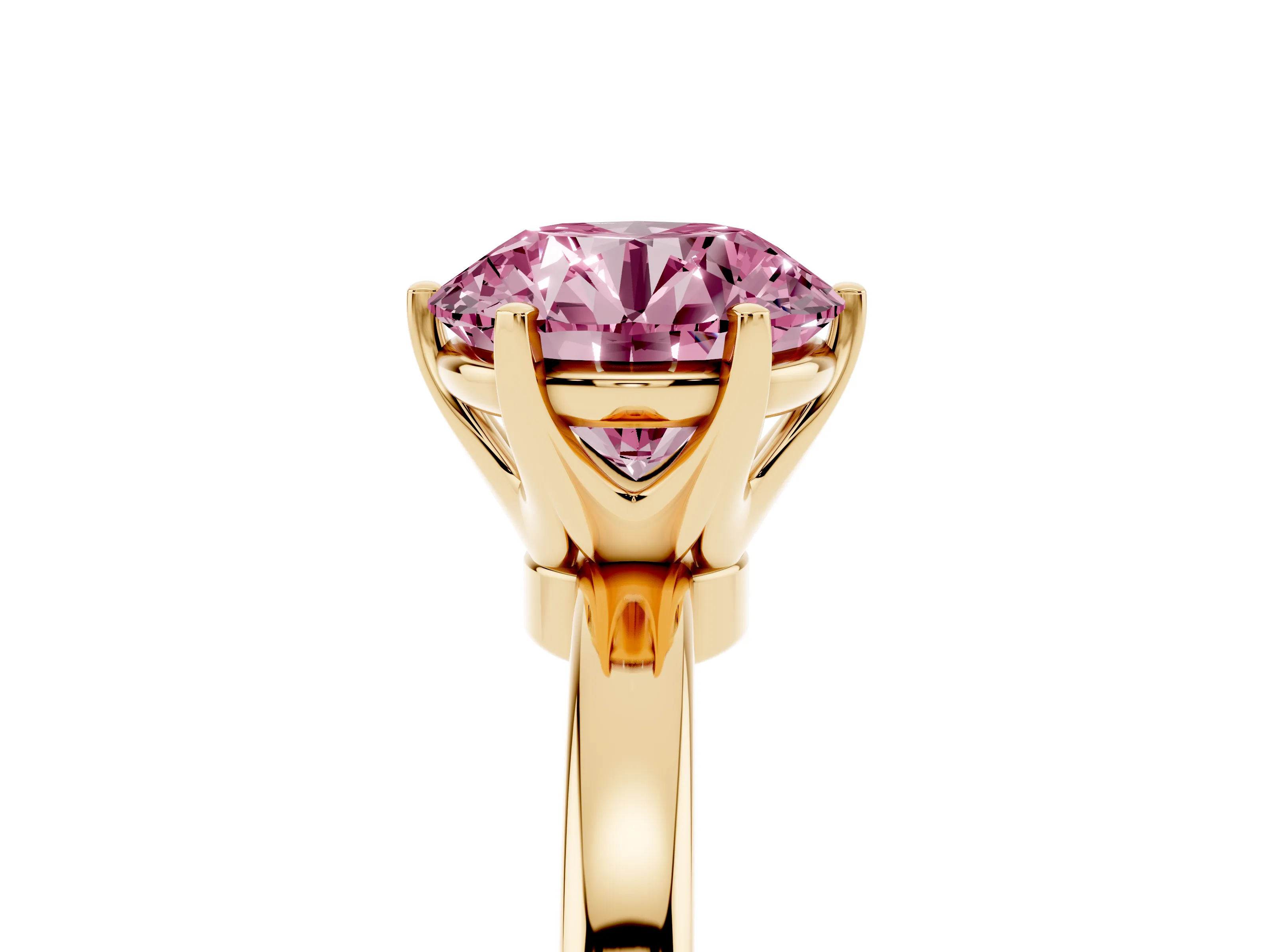 Fancy Pink Round Cut Diamond Solitaire Ring Set in Yellow gold with Raised Prong Setting on a Classic Band