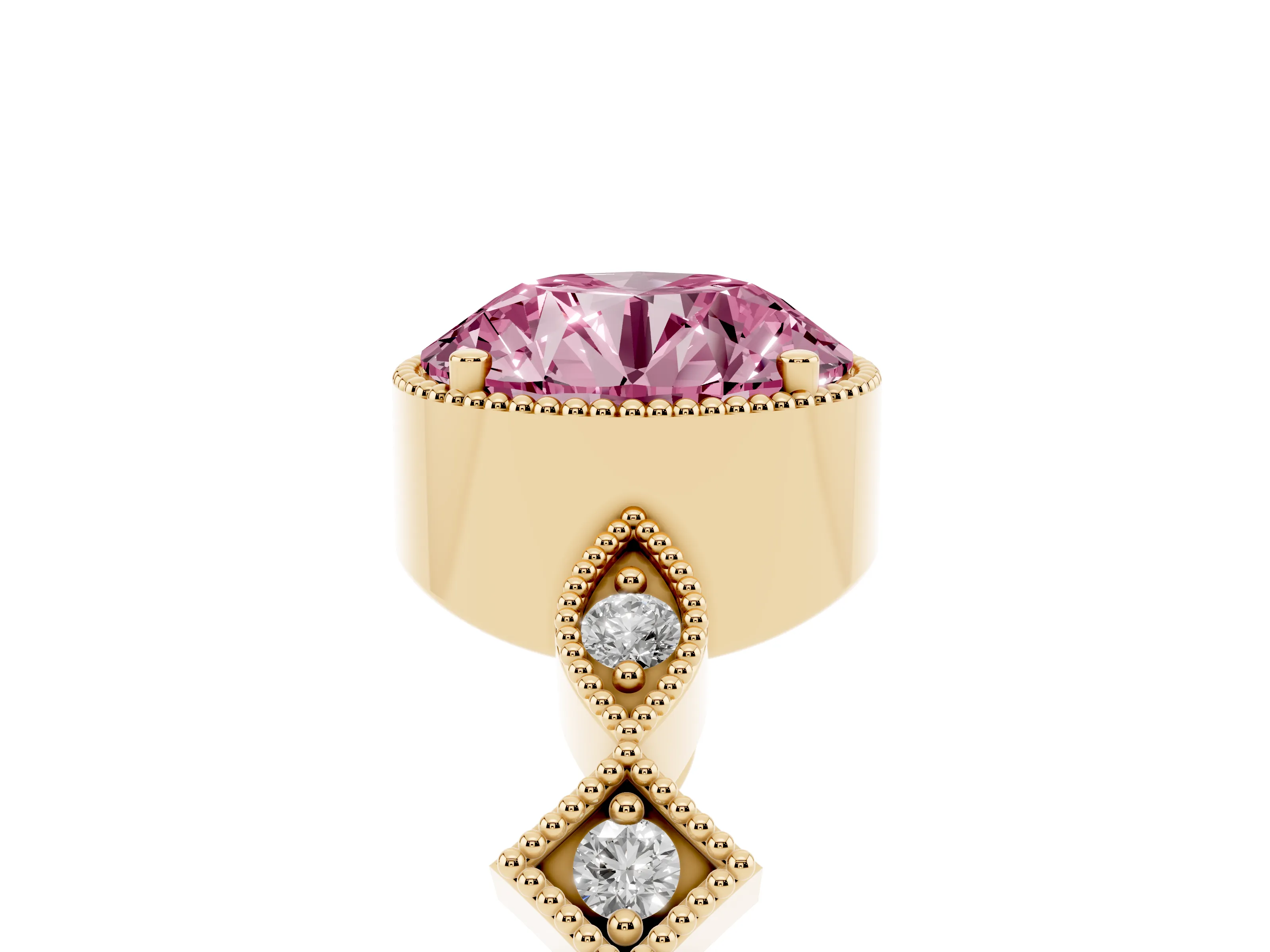 Fancy Pink Round Cut Diamond Milgrain Marquise Twist Band Ring Set in Yellow gold with Prong Setting