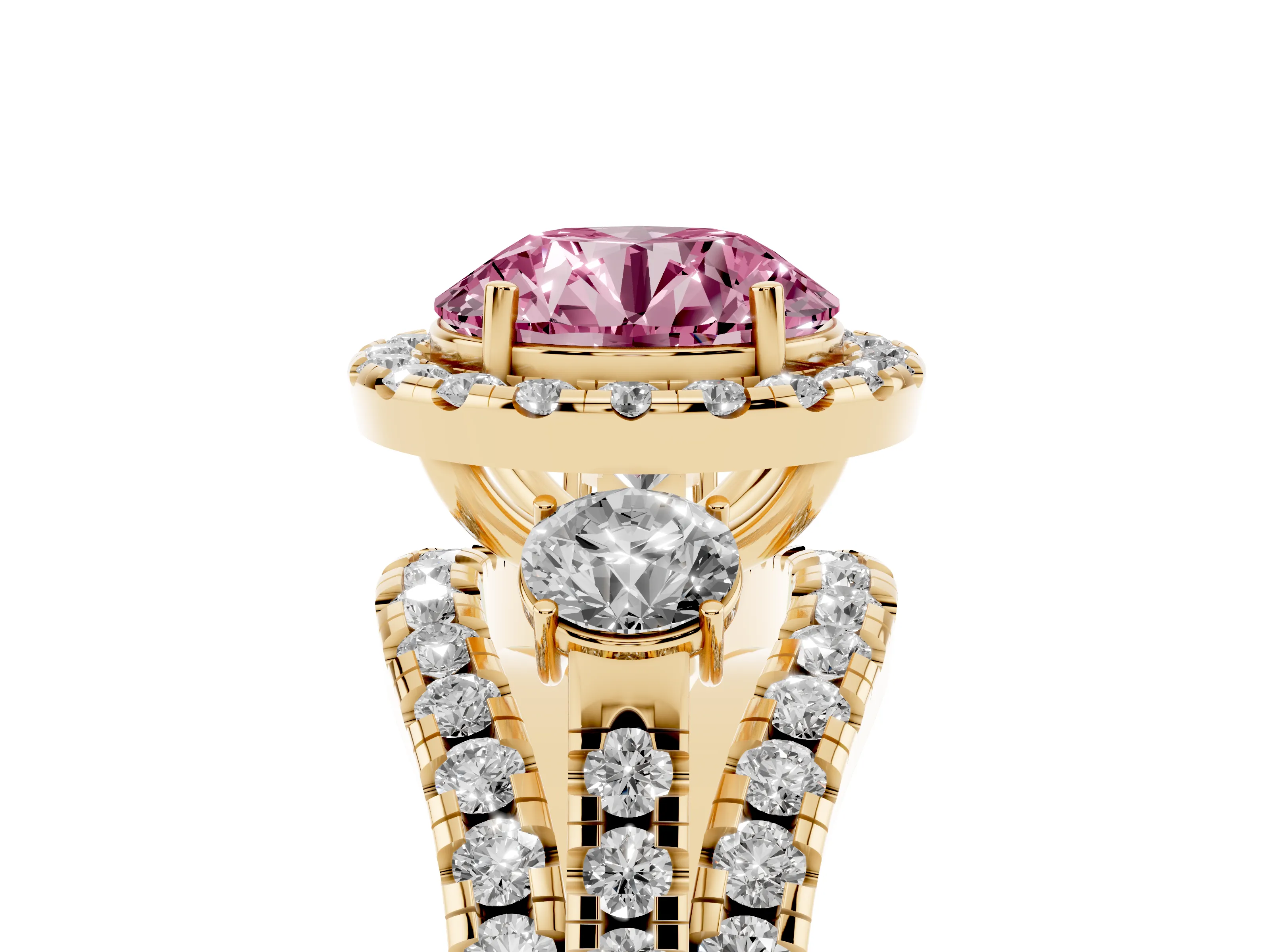 Fancy Pink Round Cut Diamond Halo Split Shank Ring Set in Yellow gold with Round Accent Stones and Prong Setting