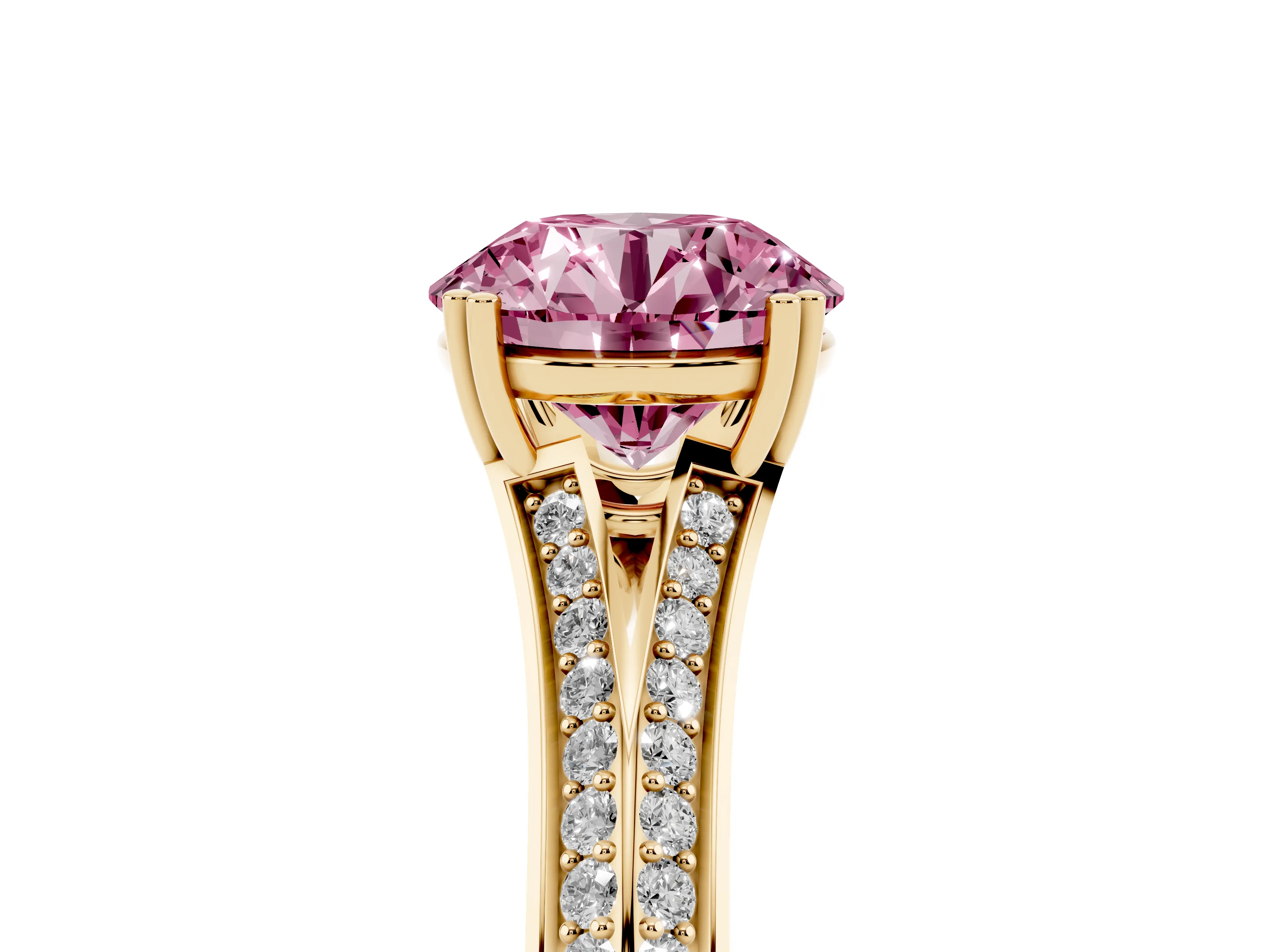 Fancy Pink Round Cut Diamond Split Shank Pavé Engagement Ring Set in Yellow gold with Prong-Set Center Stone