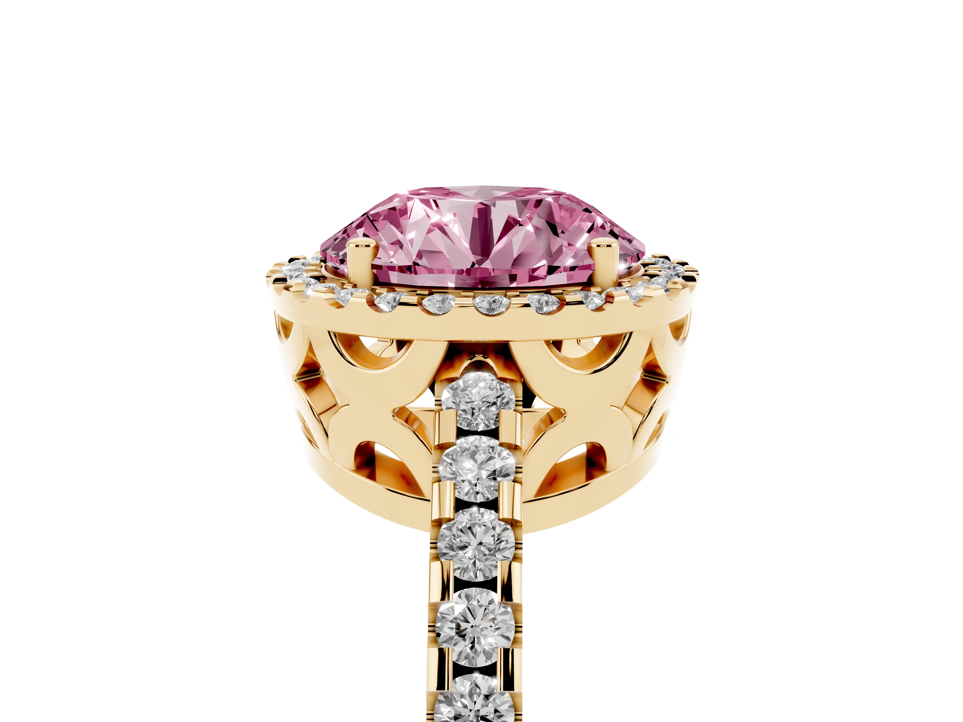 Fancy Pink Round Cut Diamond Halo Ring Set in Yellow gold with Pavé Shoulders and Halo-Framed Center