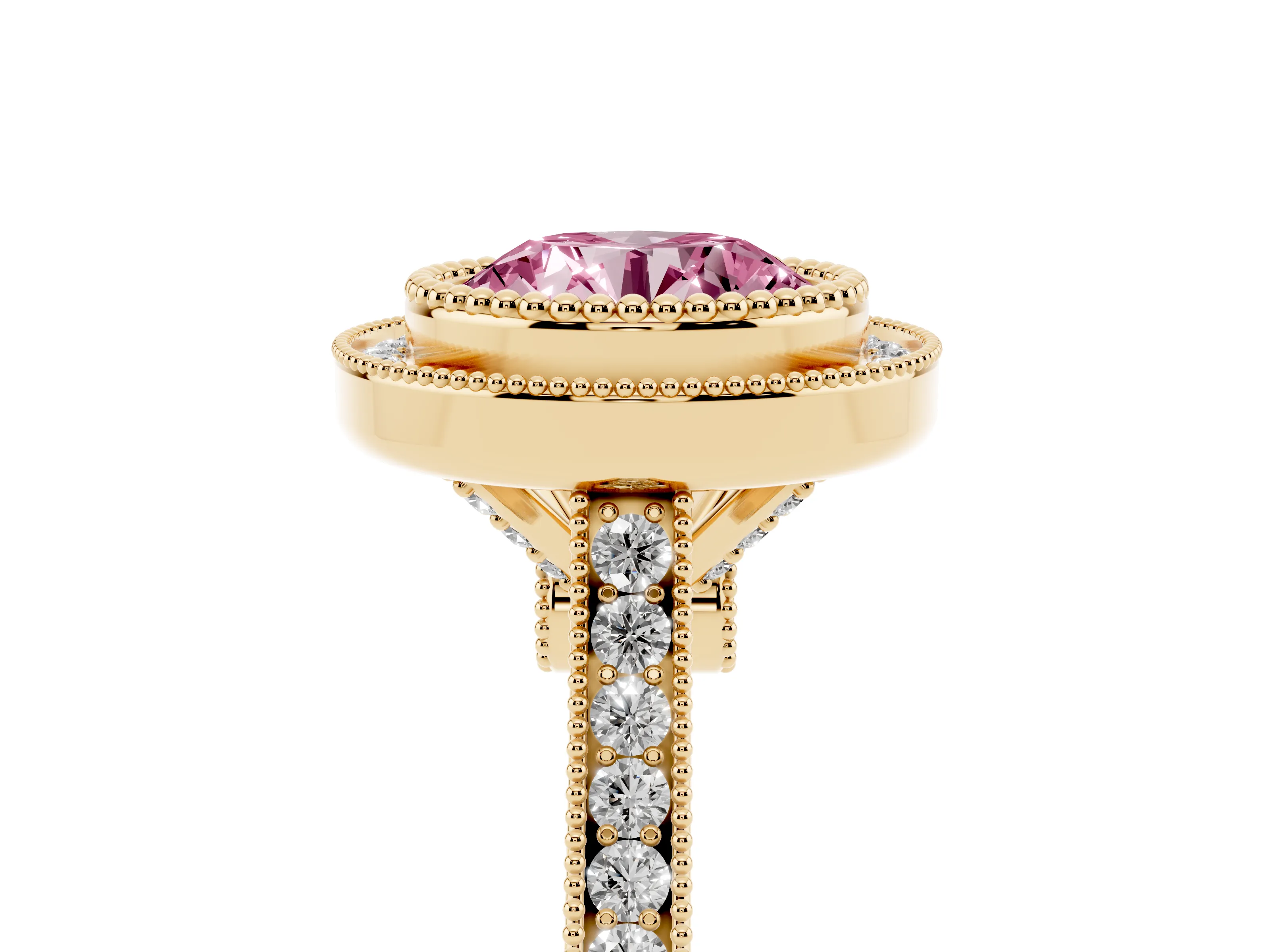 Fancy Pink Round Cut Diamond Halo Ring Set in Yellow gold with Milgrain Frame and Pavé Band