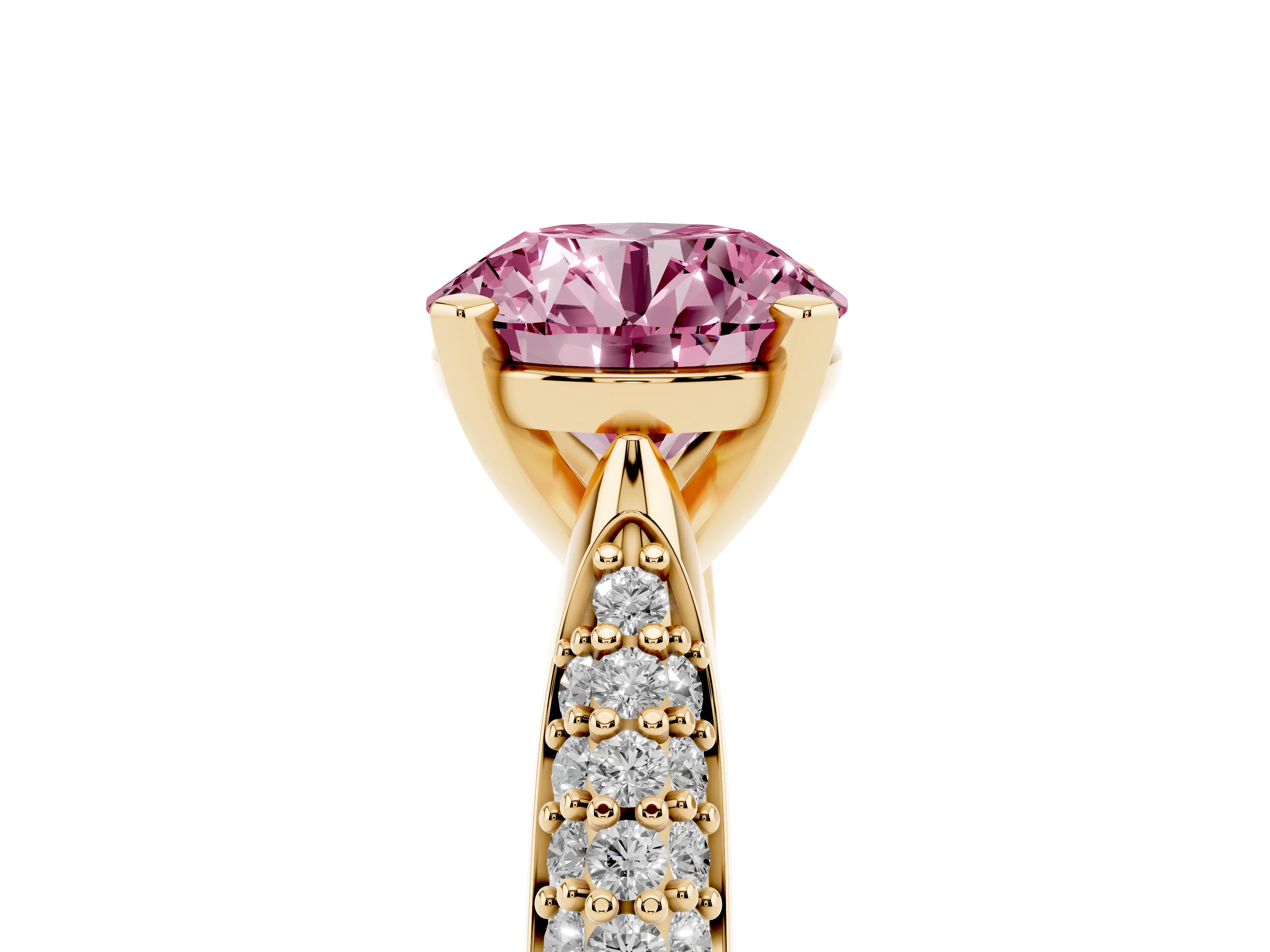 Fancy Pink Round Cut Diamond Solitaire Engagement Ring Set in Yellow gold with Multi-Row Round Pavé Band and Prong Setting