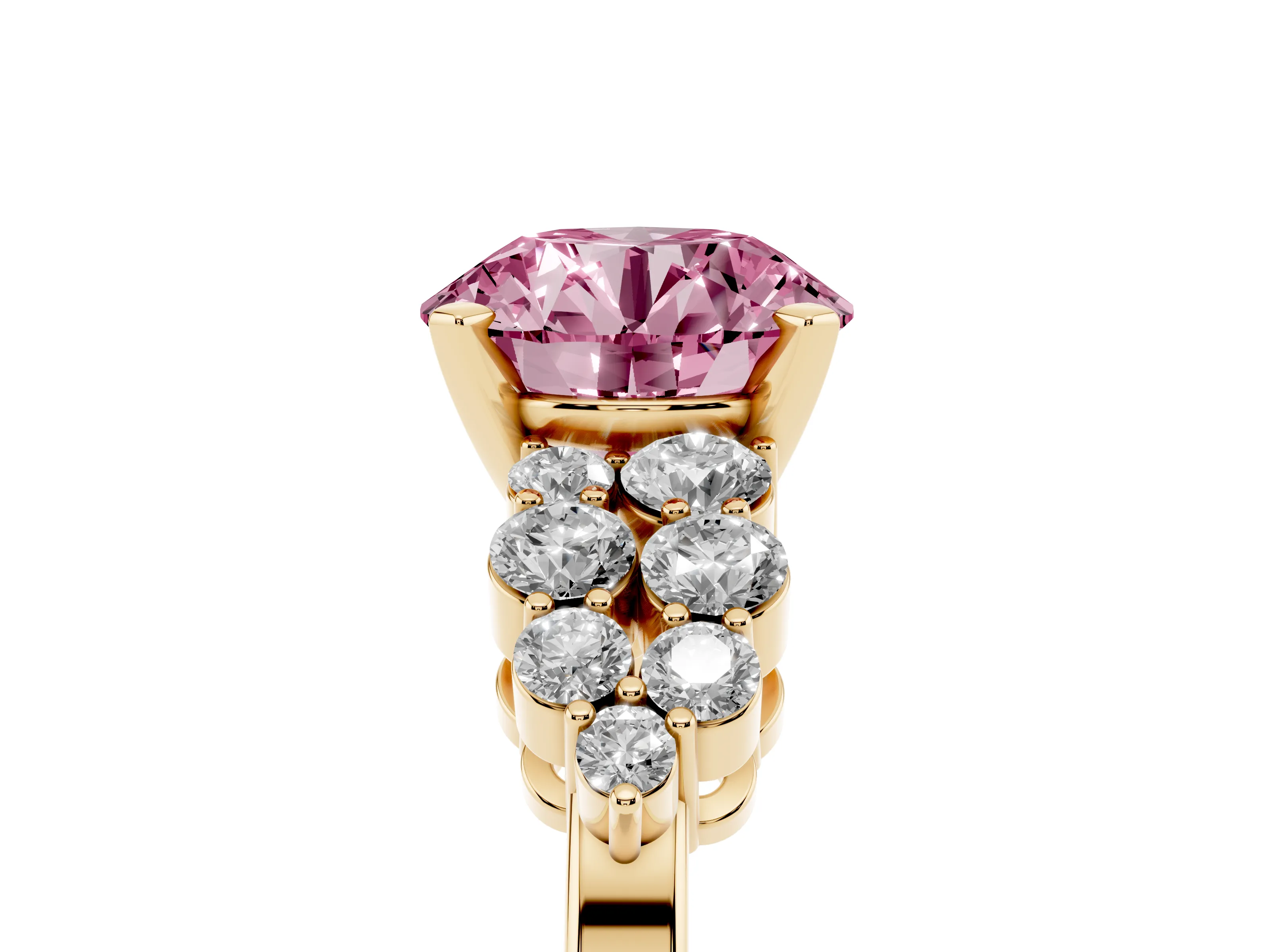 Fancy Pink Round Cut Diamond Cluster Engagement Ring Set in Yellow gold with Pavé Band and Prong Setting