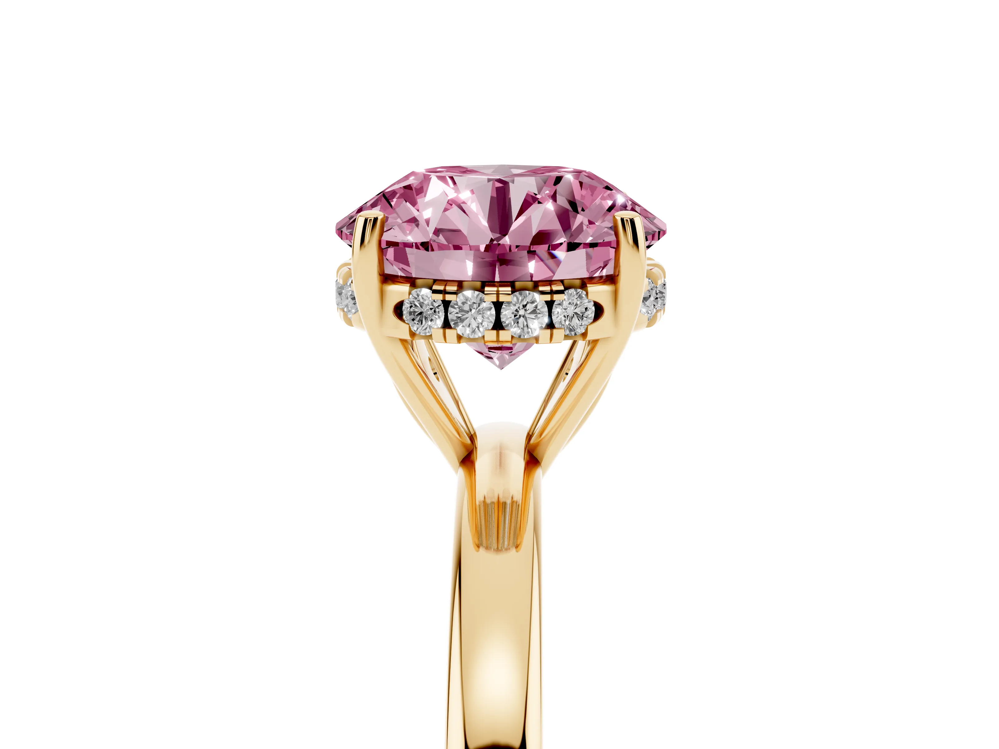 Fancy Pink Round Cut Diamond Solitaire Ring Set in Yellow gold with Plain Band and Prong Setting