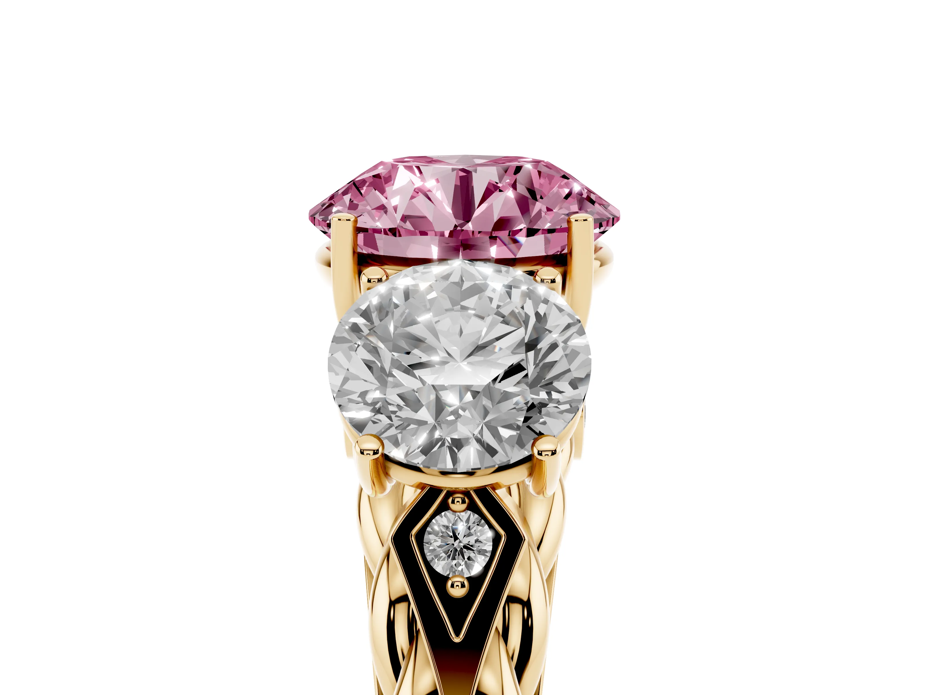 Fancy Pink Round Cut Diamond Three-Stone Ring Set in Yellow gold with Braided Band