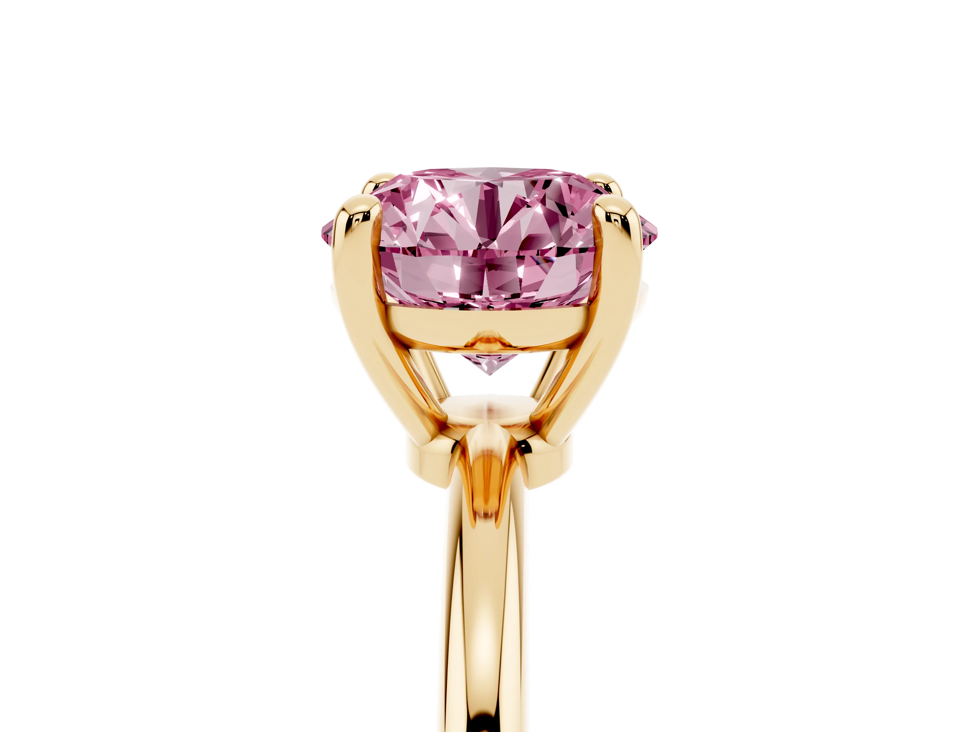 Fancy Pink Round Cut Diamond Solitaire Ring Set in Yellow gold with Secure Prong Setting on a Classic Band
