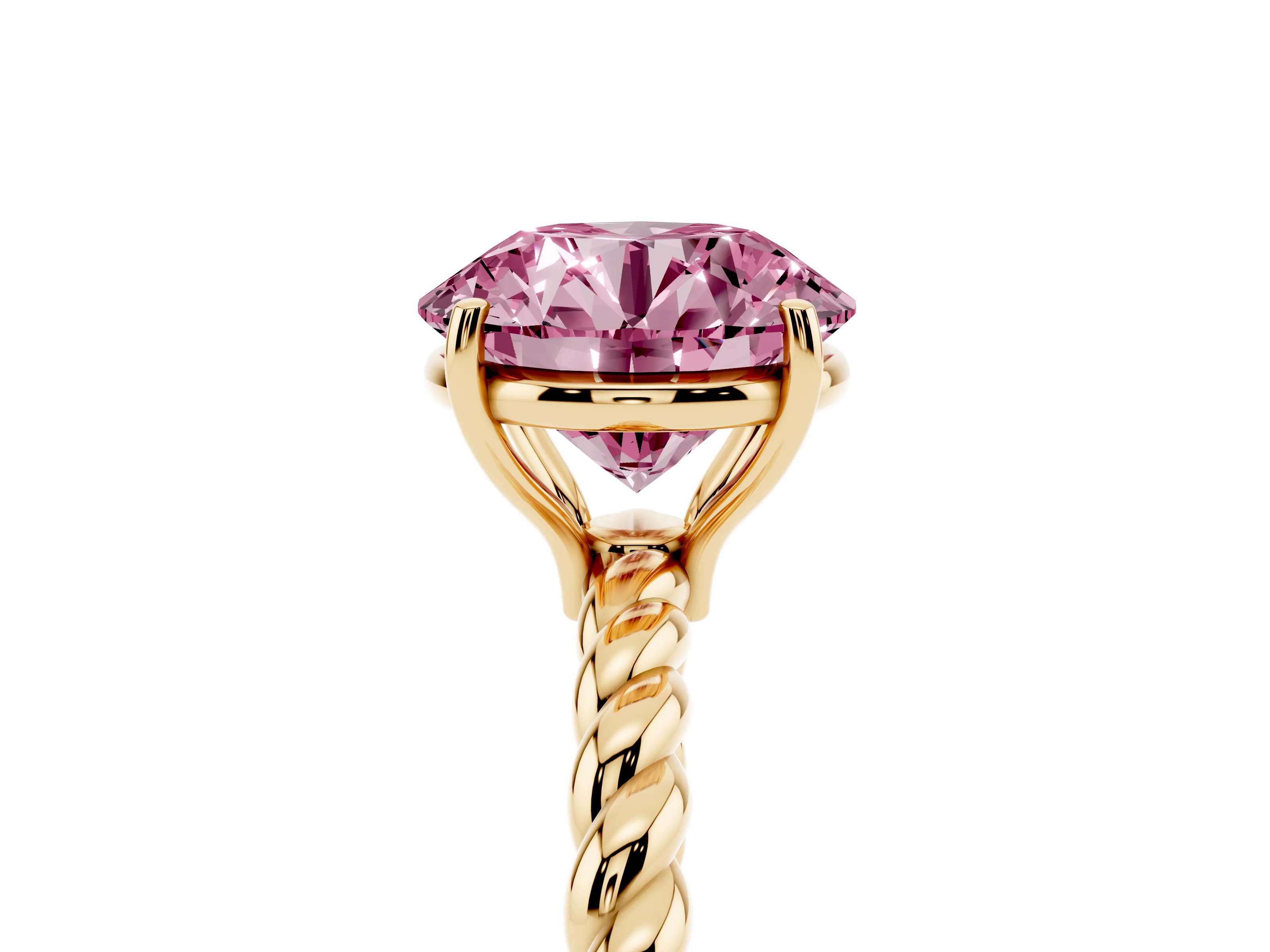 Fancy Pink Round Cut Diamond Solitaire Ring Set in Yellow gold with Twist Band and Prong Setting