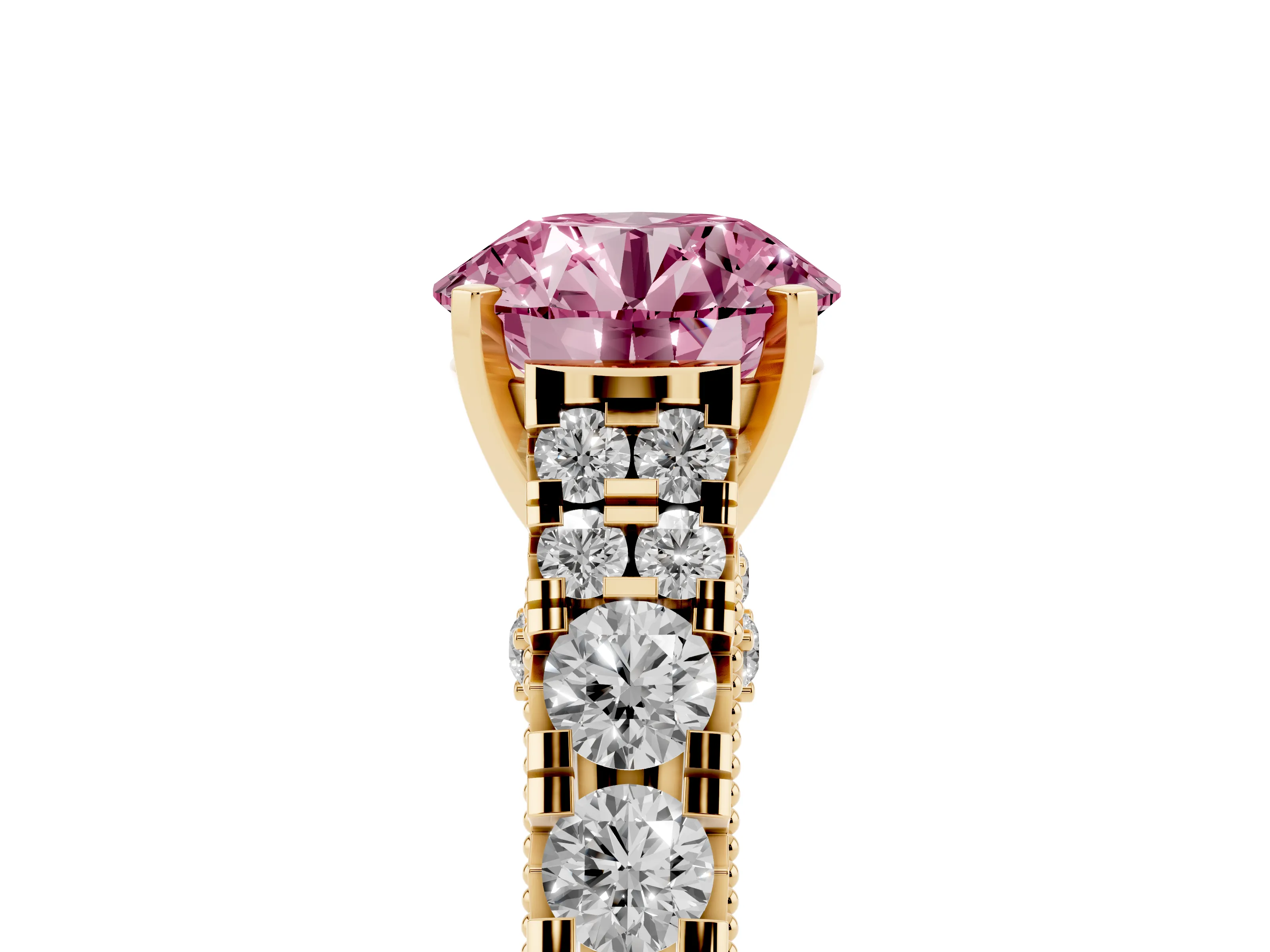 Fancy Pink Round Cut Diamond Classic Solitaire Ring Set in Yellow gold with Pavé Band and Prong Setting