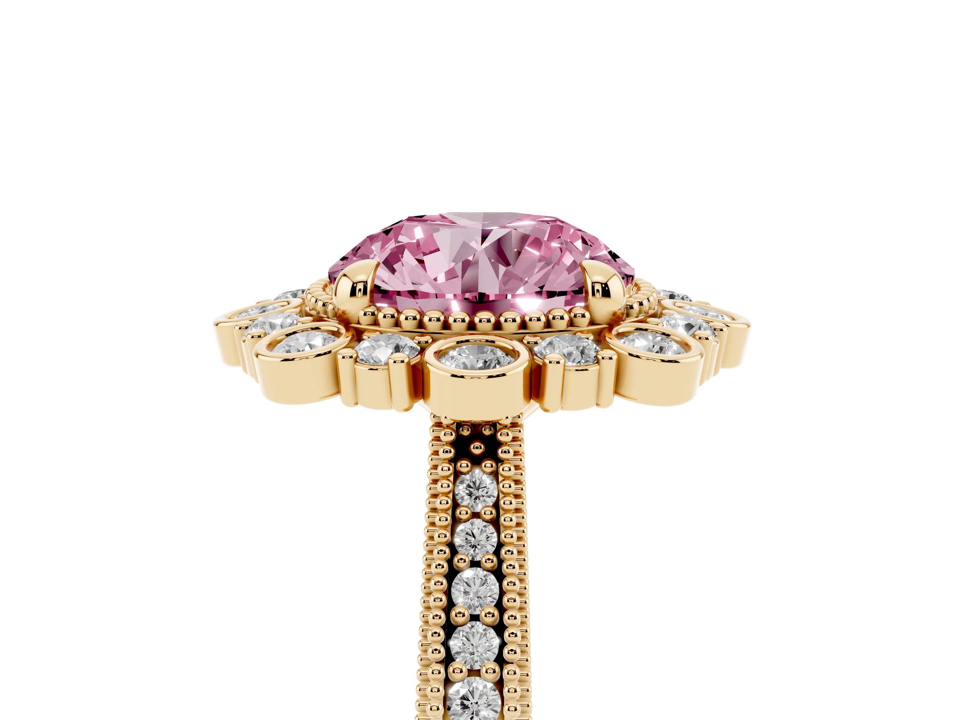 Fancy Pink Round Cut Diamond Halo Milgrain Pavé Ring Set in Yellow gold with Prong Setting