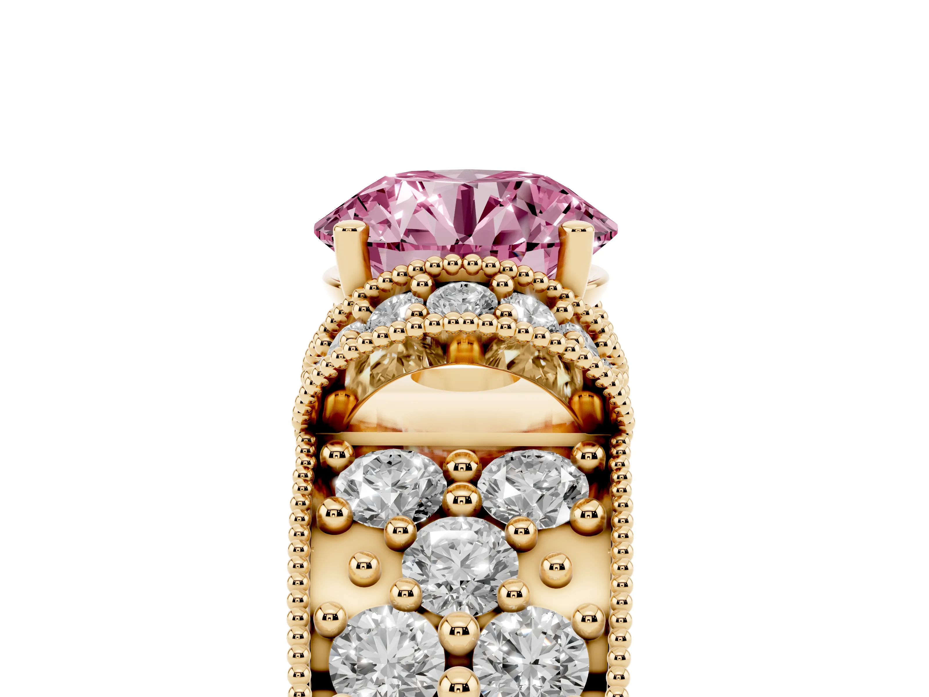 Fancy Pink Round Cut Diamond Milgrain Halo Pavé Engagement Ring Set in Yellow gold with Prong Setting