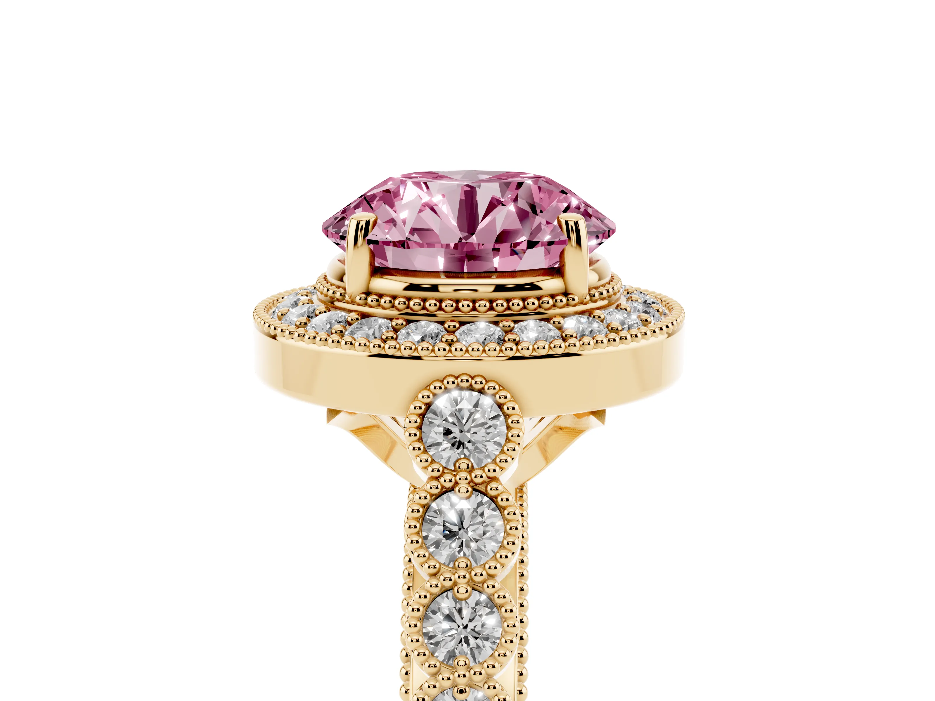 Fancy Pink Round Cut Diamond Milgrain Halo Solitaire Ring Set in Yellow gold with Bezel Set Side Stones and Pavé Band