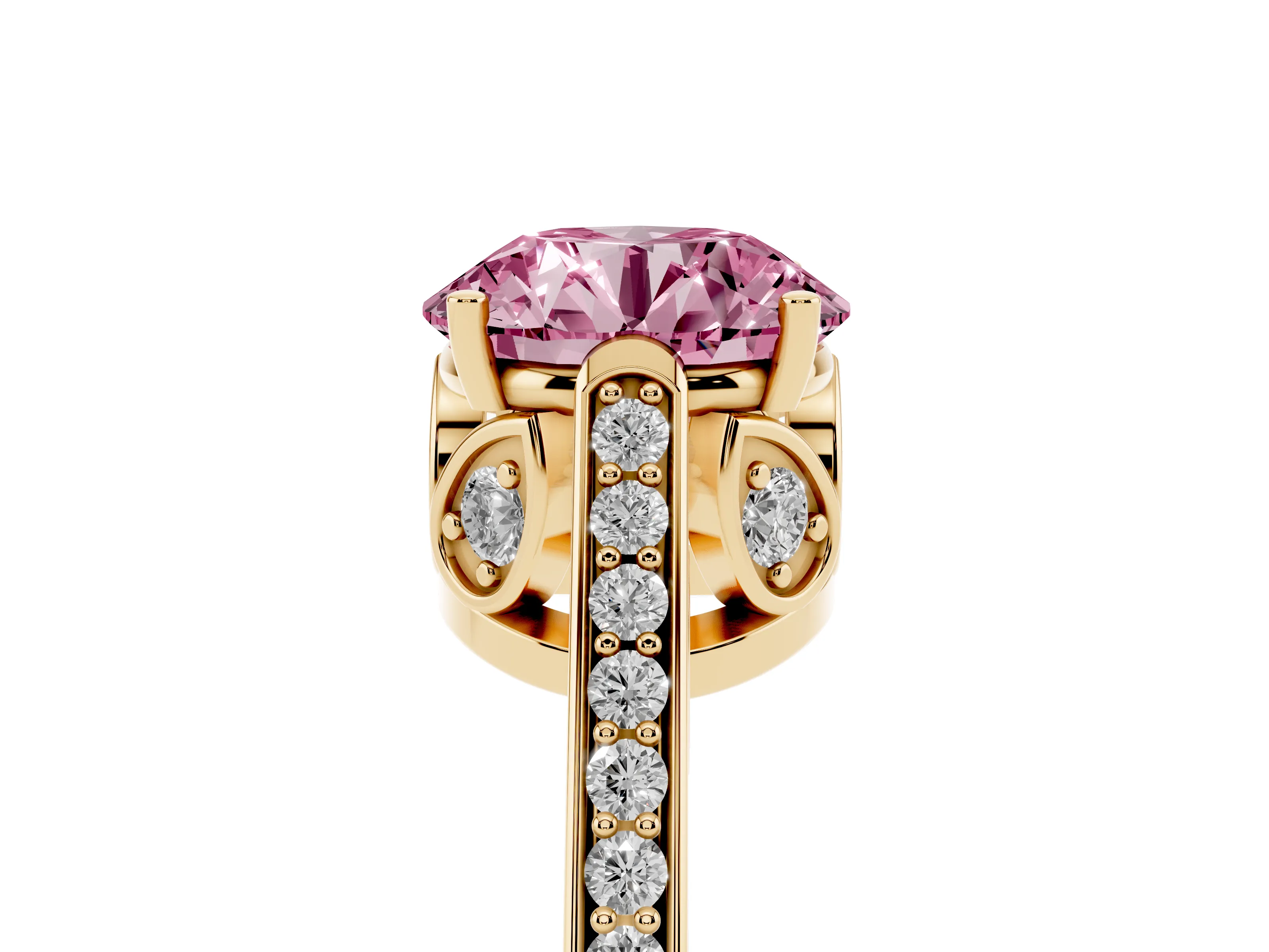 Fancy Pink Round Cut Diamond Cathedral Pavé Engagement Ring Set in Yellow gold with Prong Setting