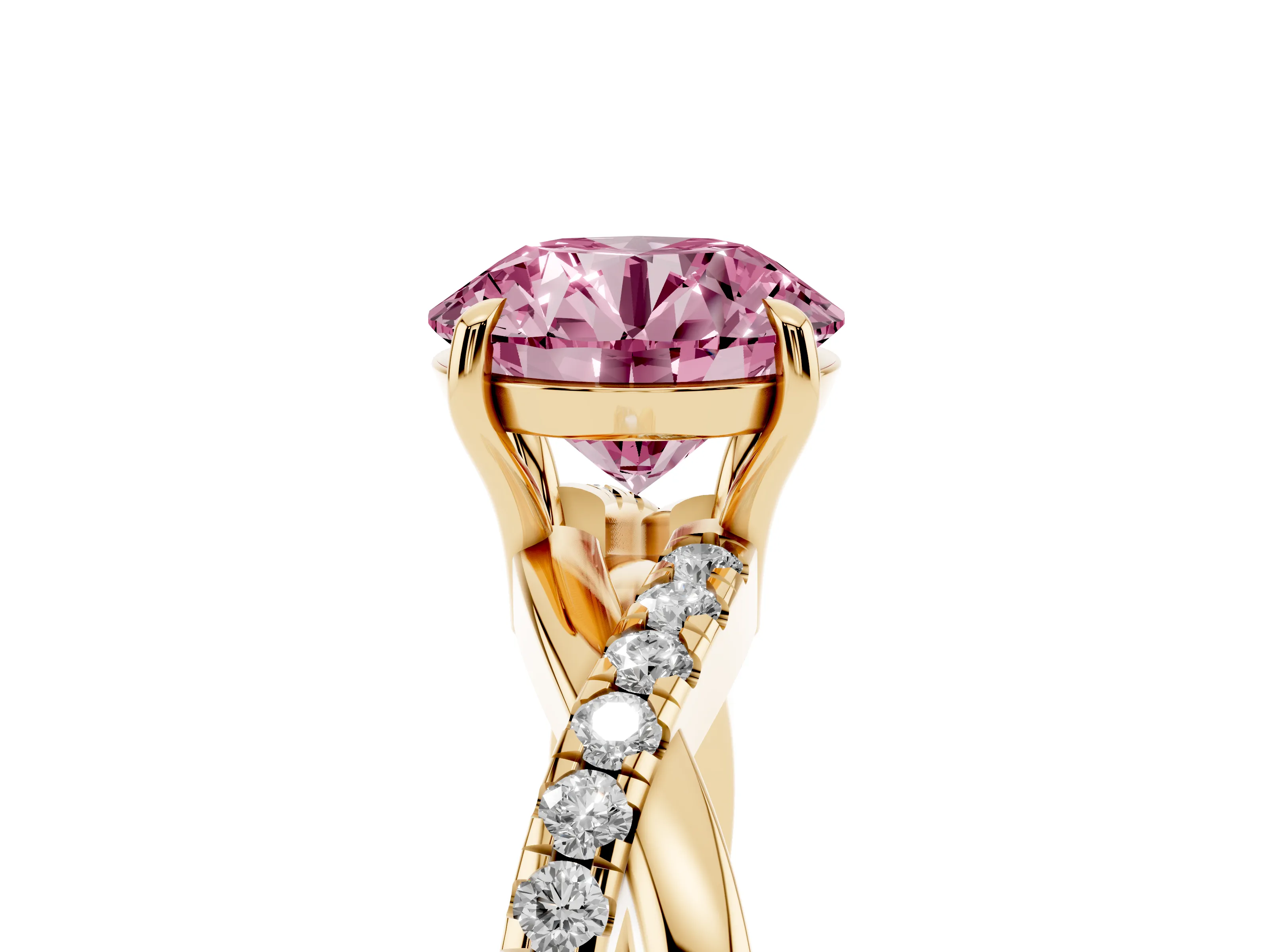 Fancy Pink Round Cut Diamond Twisted Pavé Band Ring Set in Yellow gold with Prong Setting