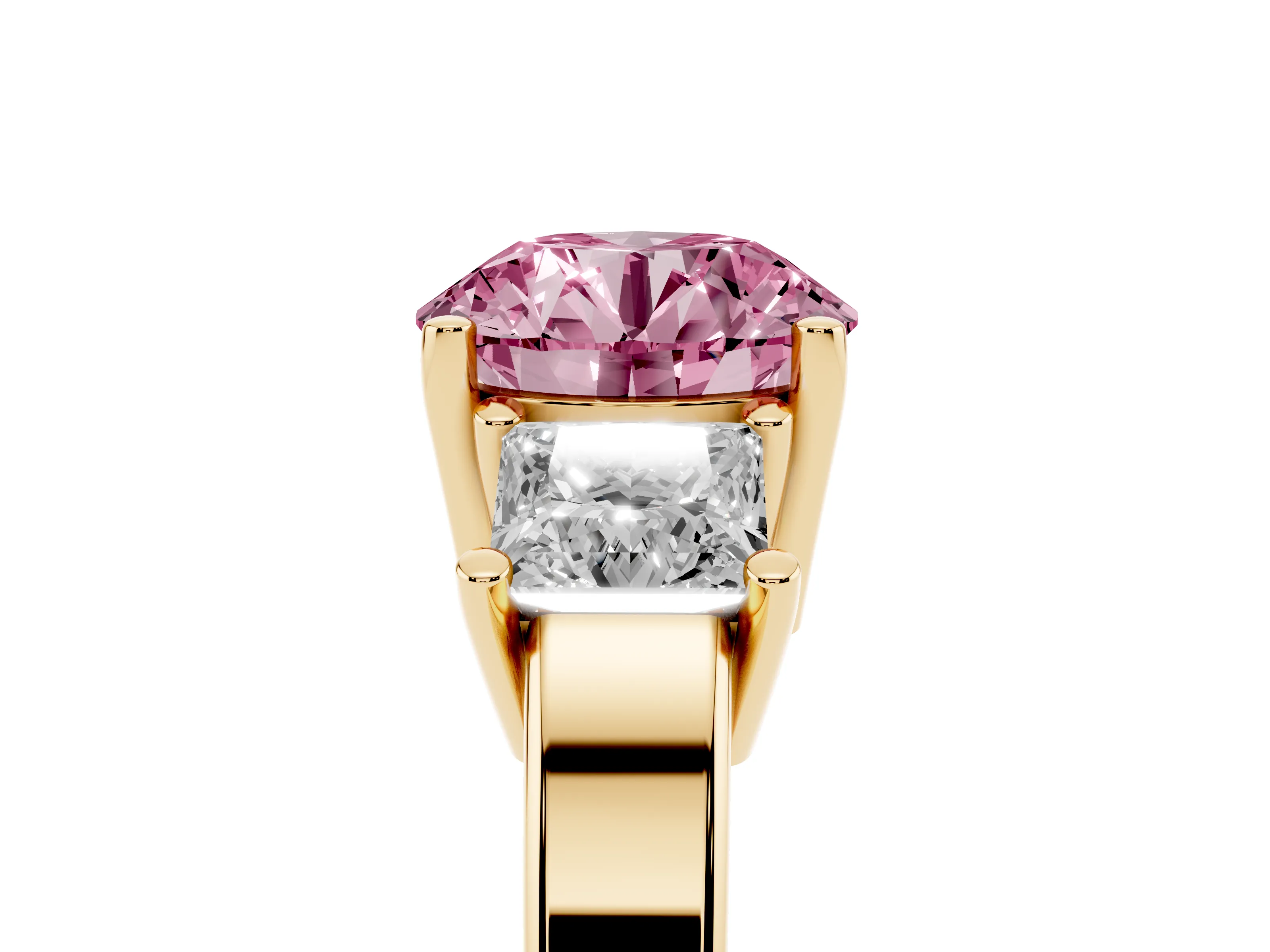 Fancy Pink Three-Stone Round Cut Diamond Solitaire Ring Set in Yellow gold with Prong Setting