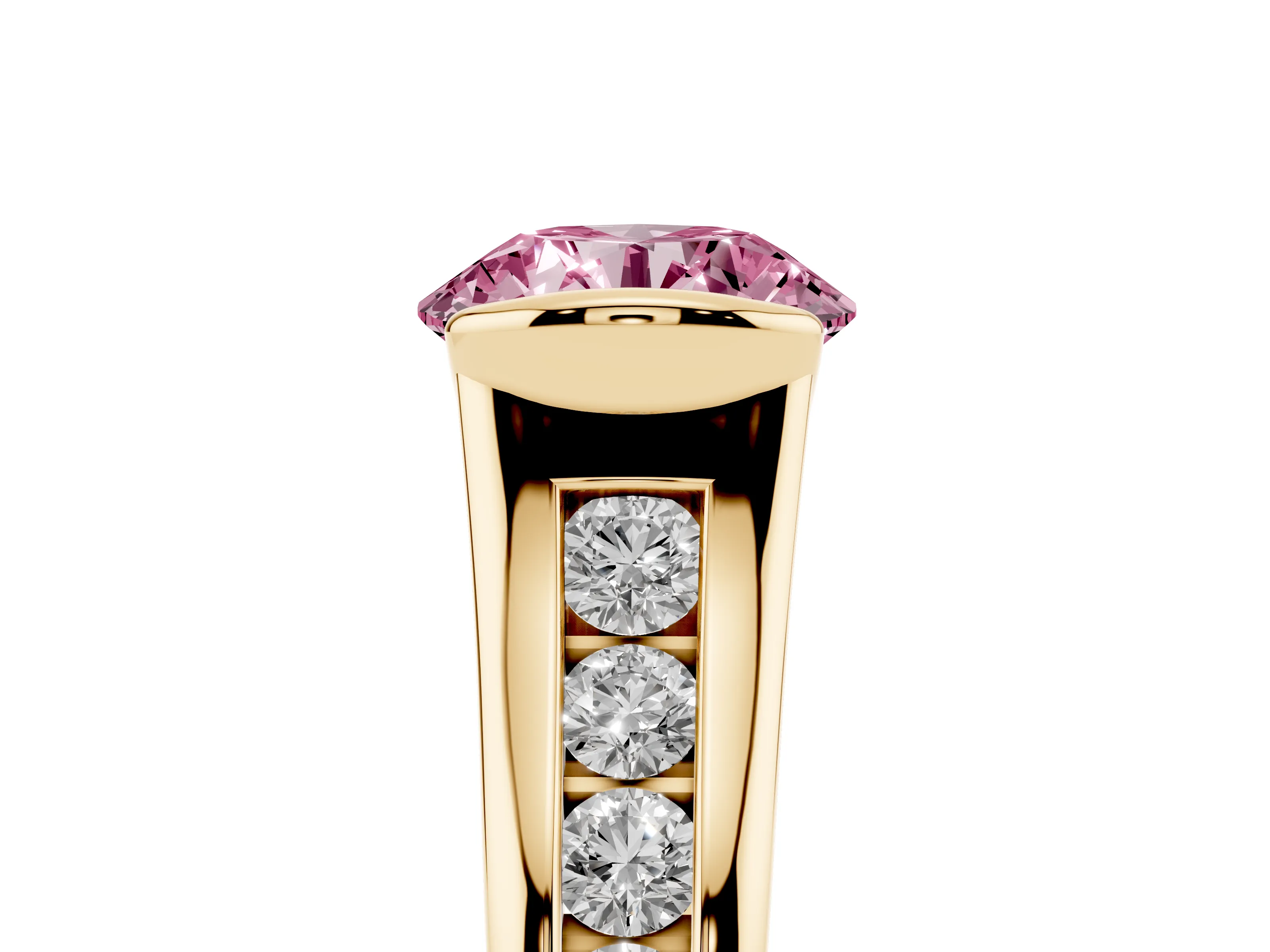 Fancy Pink Round Cut Diamond Bezel-Set Solitaire Ring Set in Yellow gold with Channel-Set Band