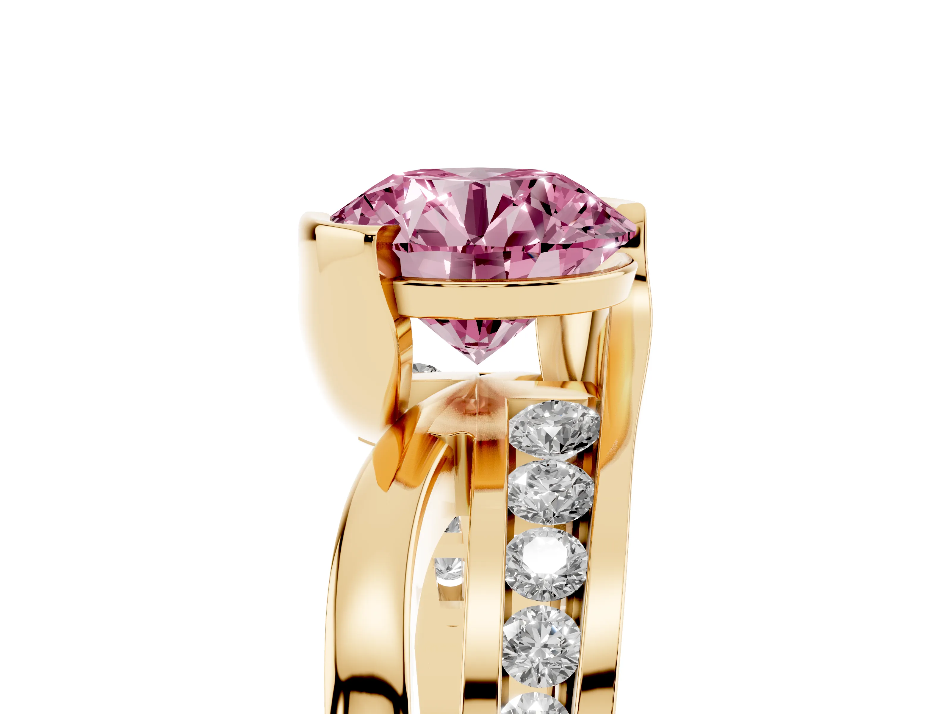 Fancy Pink Round Cut Diamond Solitaire Ring Set in Yellow gold with Channel Set Split Shank and Tension Prongs