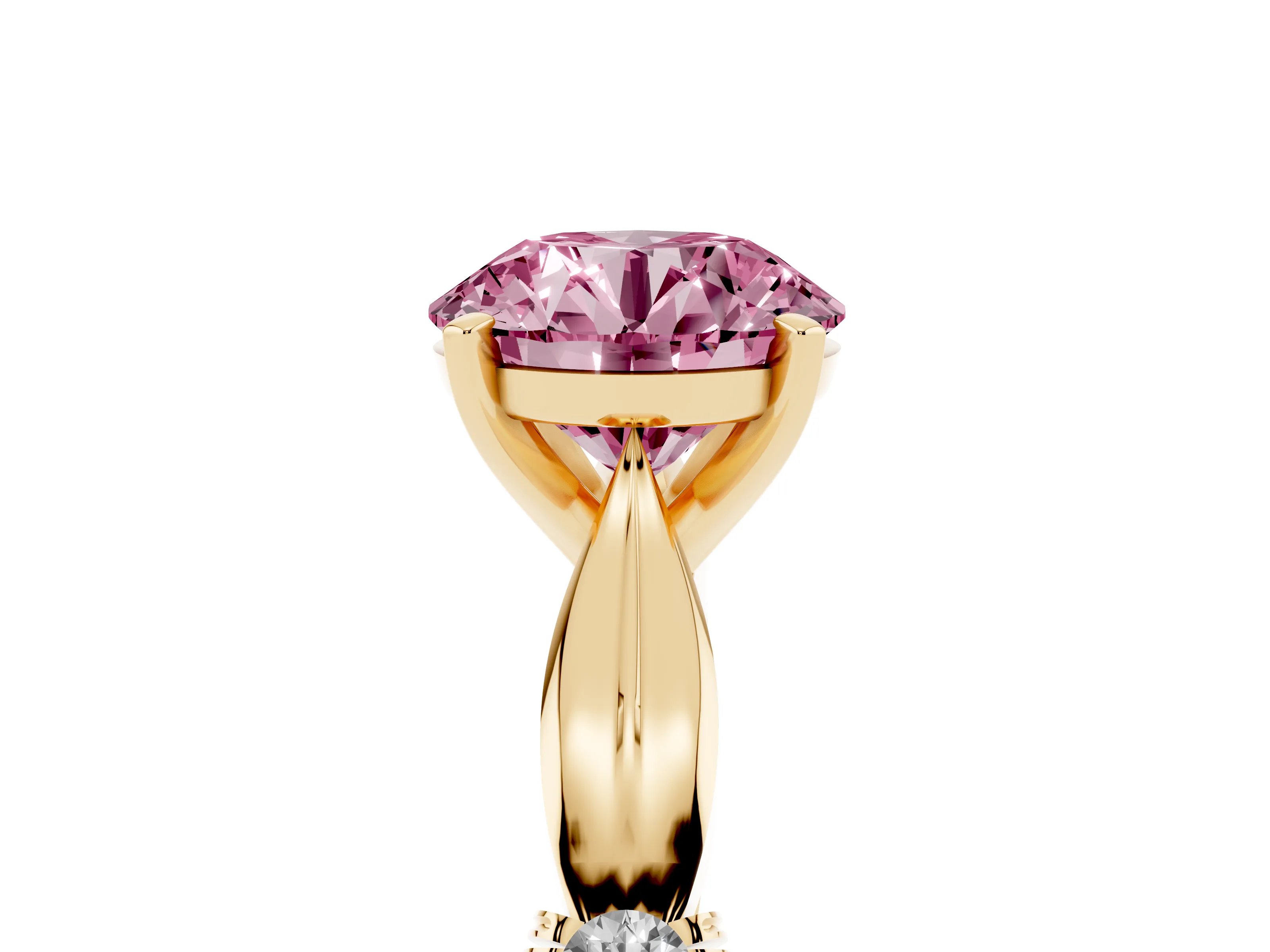 Fancy Pink Round Cut Diamond Solitaire Twisted Band Ring Set in Yellow gold with Accent Stones and Prong Setting