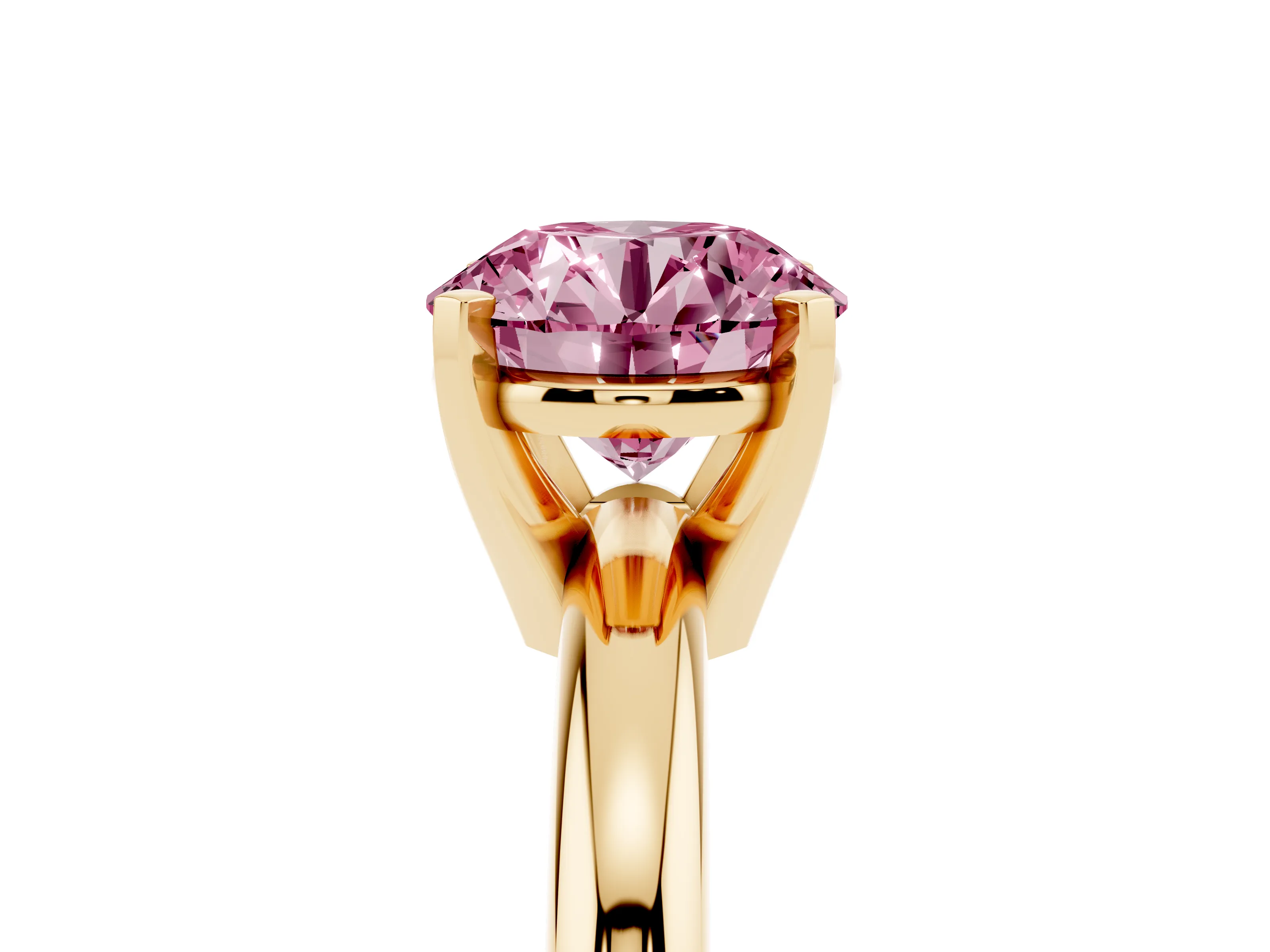 Fancy Pink Round Cut Diamond Solitaire Engagement Ring Set in Yellow gold with Round Band and Prong Setting