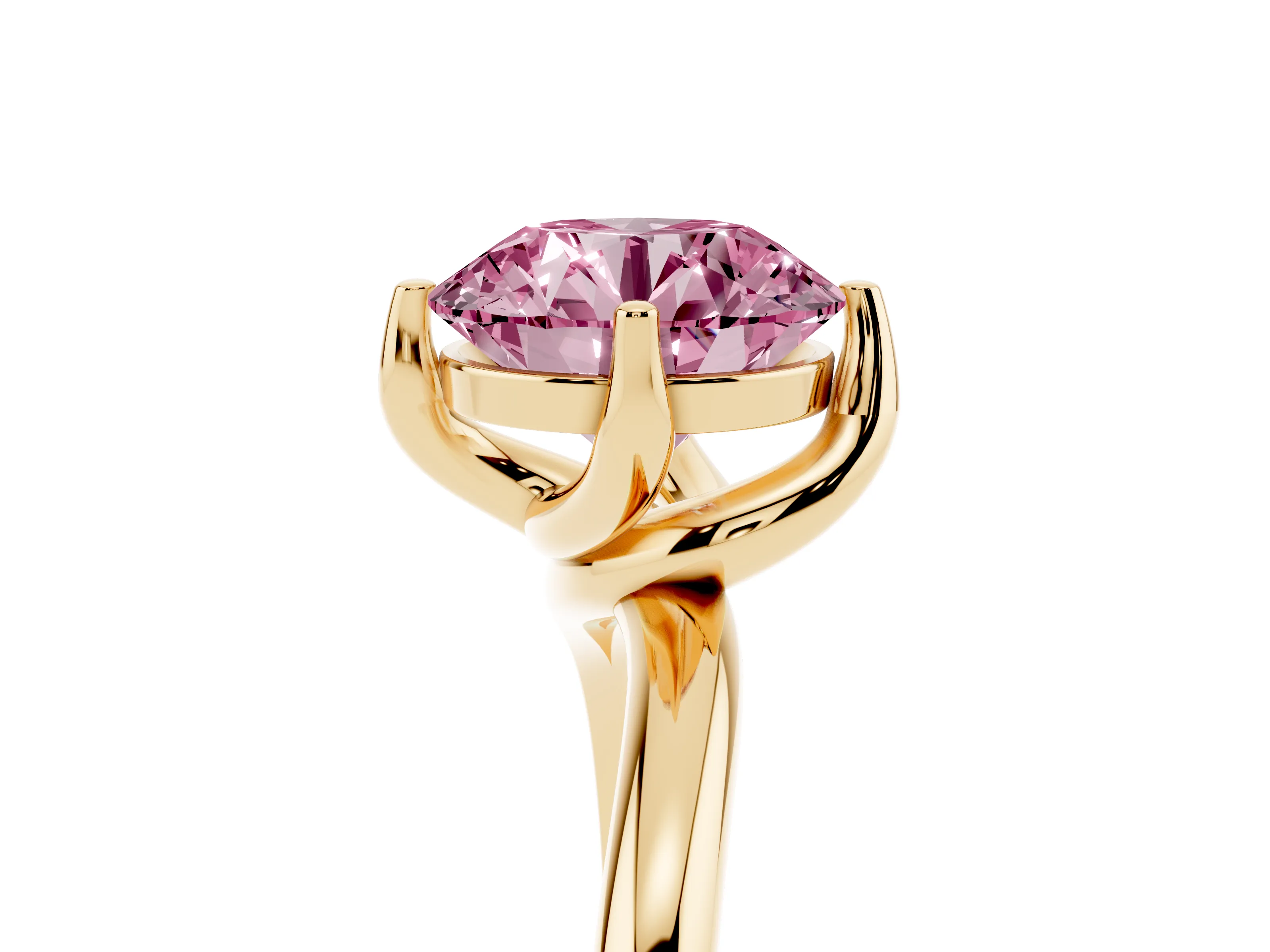 Fancy Pink Round Cut Diamond Solitaire Engagement Ring Set in Yellow gold with Classic Plain Band