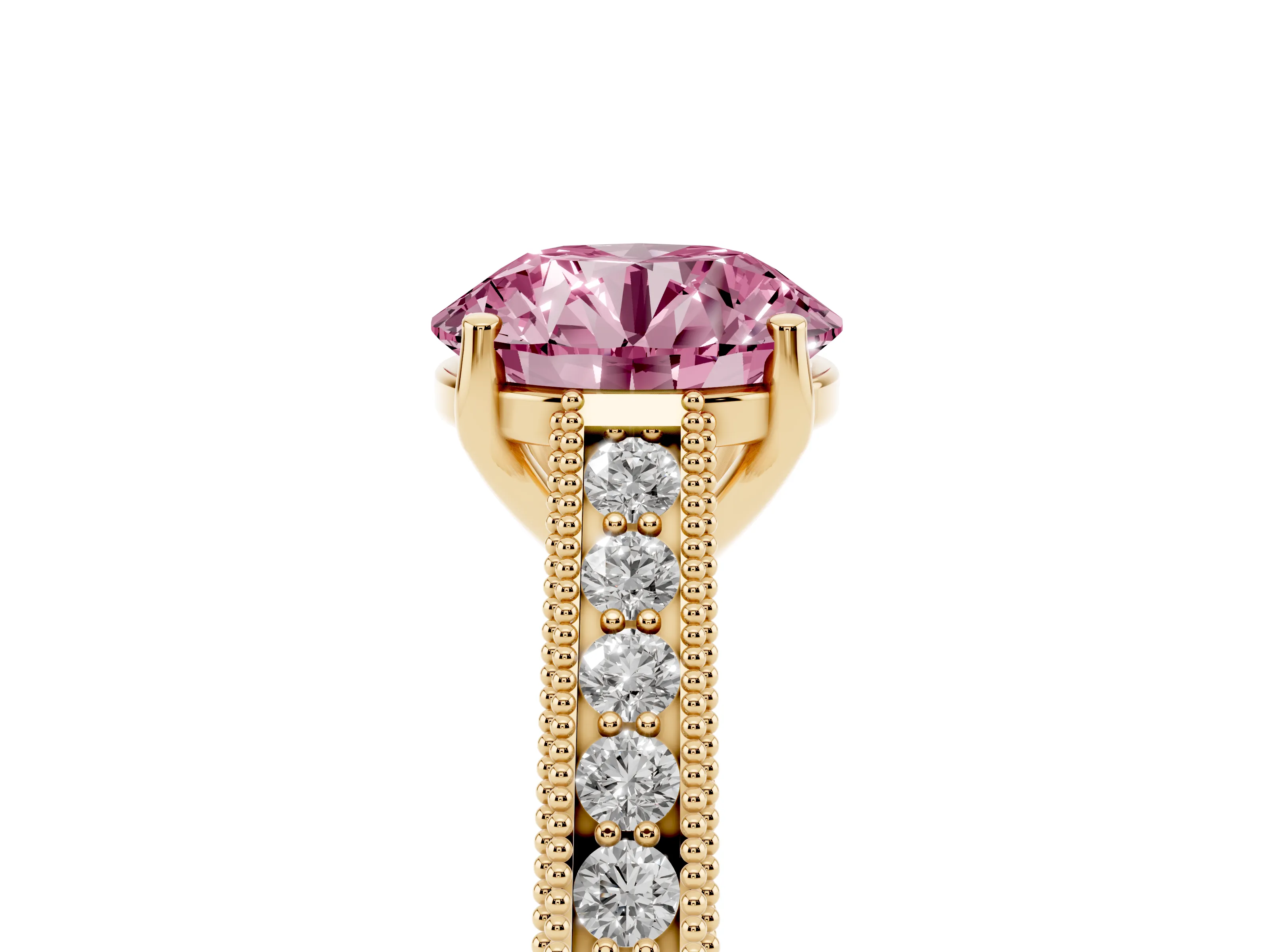 Fancy Pink Round Cut Diamond Milgrain Pavé Band Solitaire Ring Set in Yellow gold with Prong Setting
