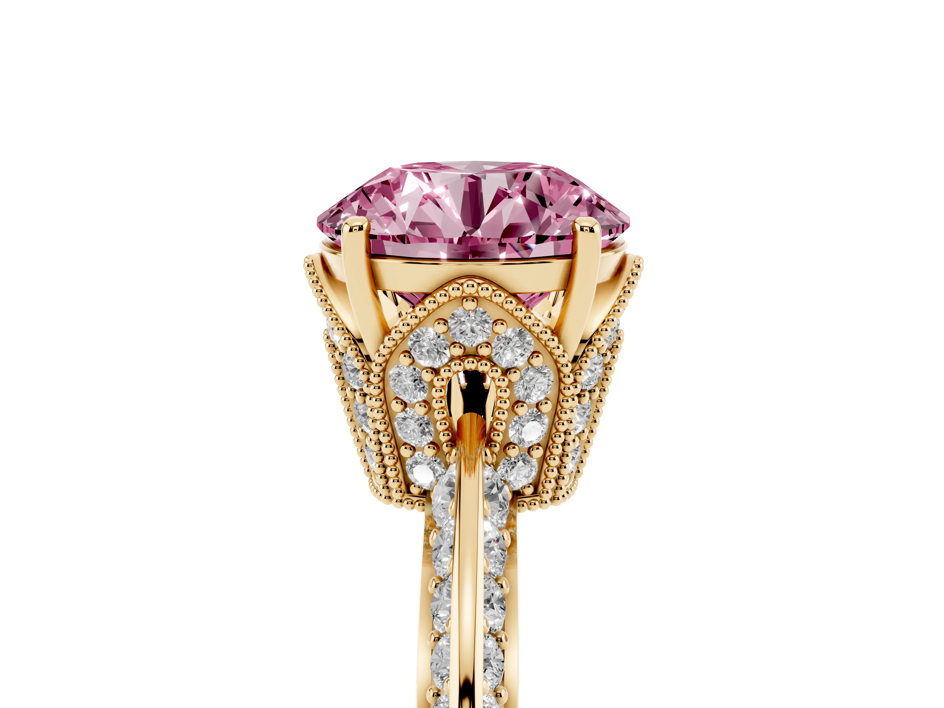 Fancy Pink Round Cut Diamond Solitaire Engagement Ring Set in Yellow gold with Pavé Split Shank and Prong Setting