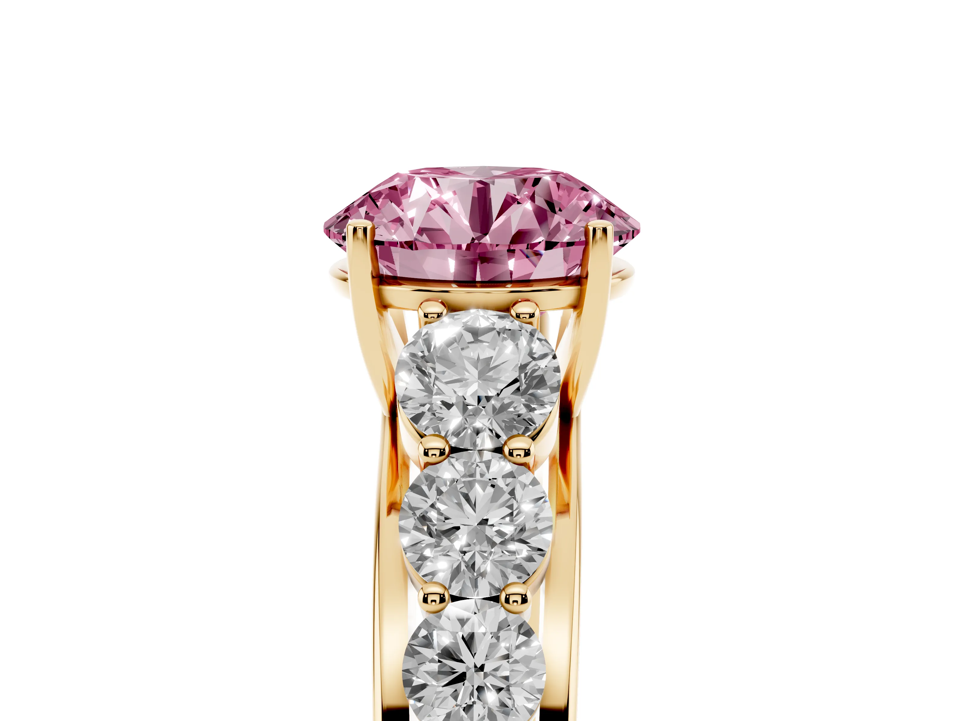 Fancy Pink Round Cut Diamond Solitaire Ring Set in Yellow gold with Pavé-Set Band and Prong Setting