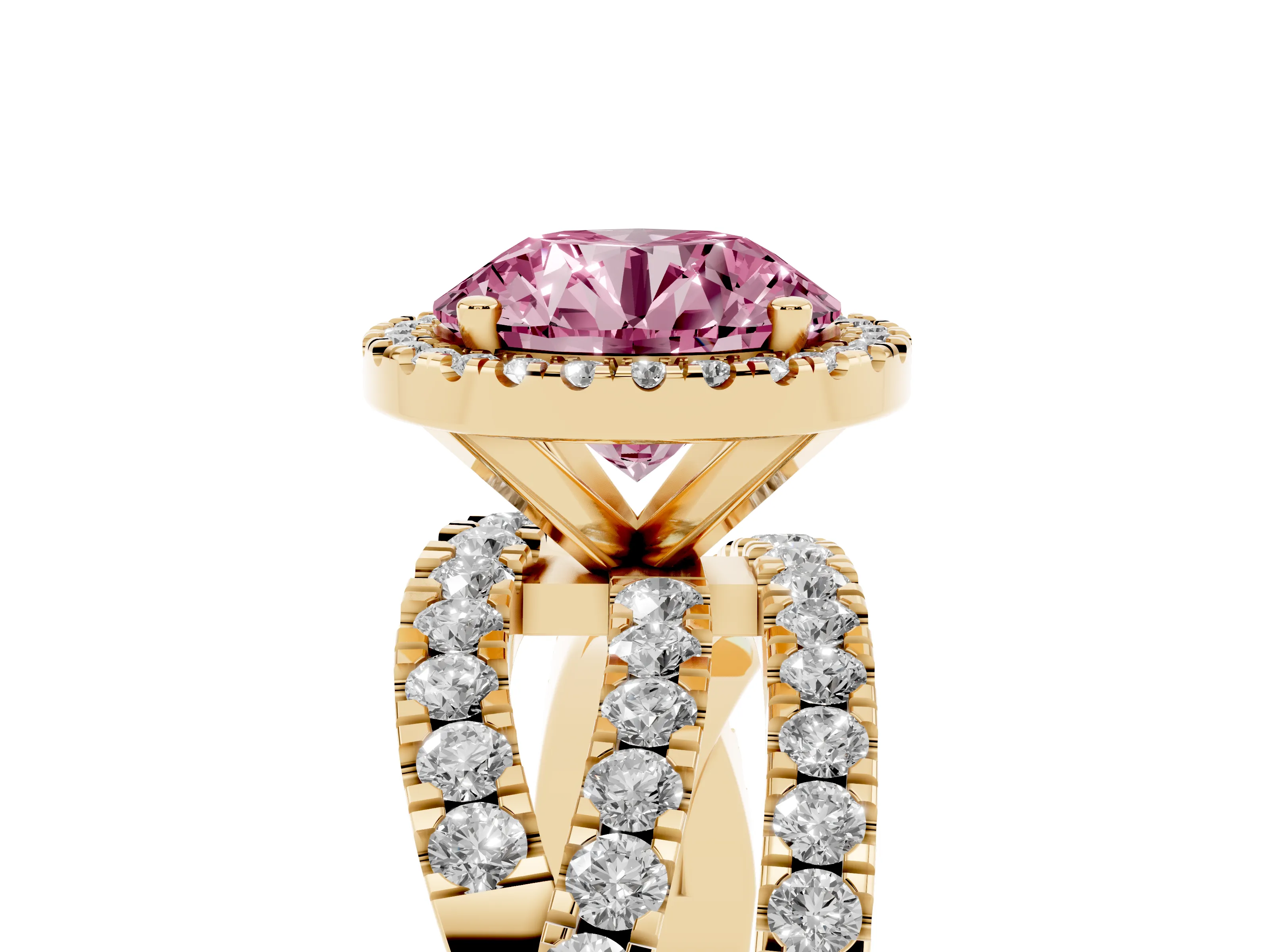 Fancy Pink Round Cut Diamond Halo Ring Set in Yellow gold with Round Crossover Split Shank and Prong Setting