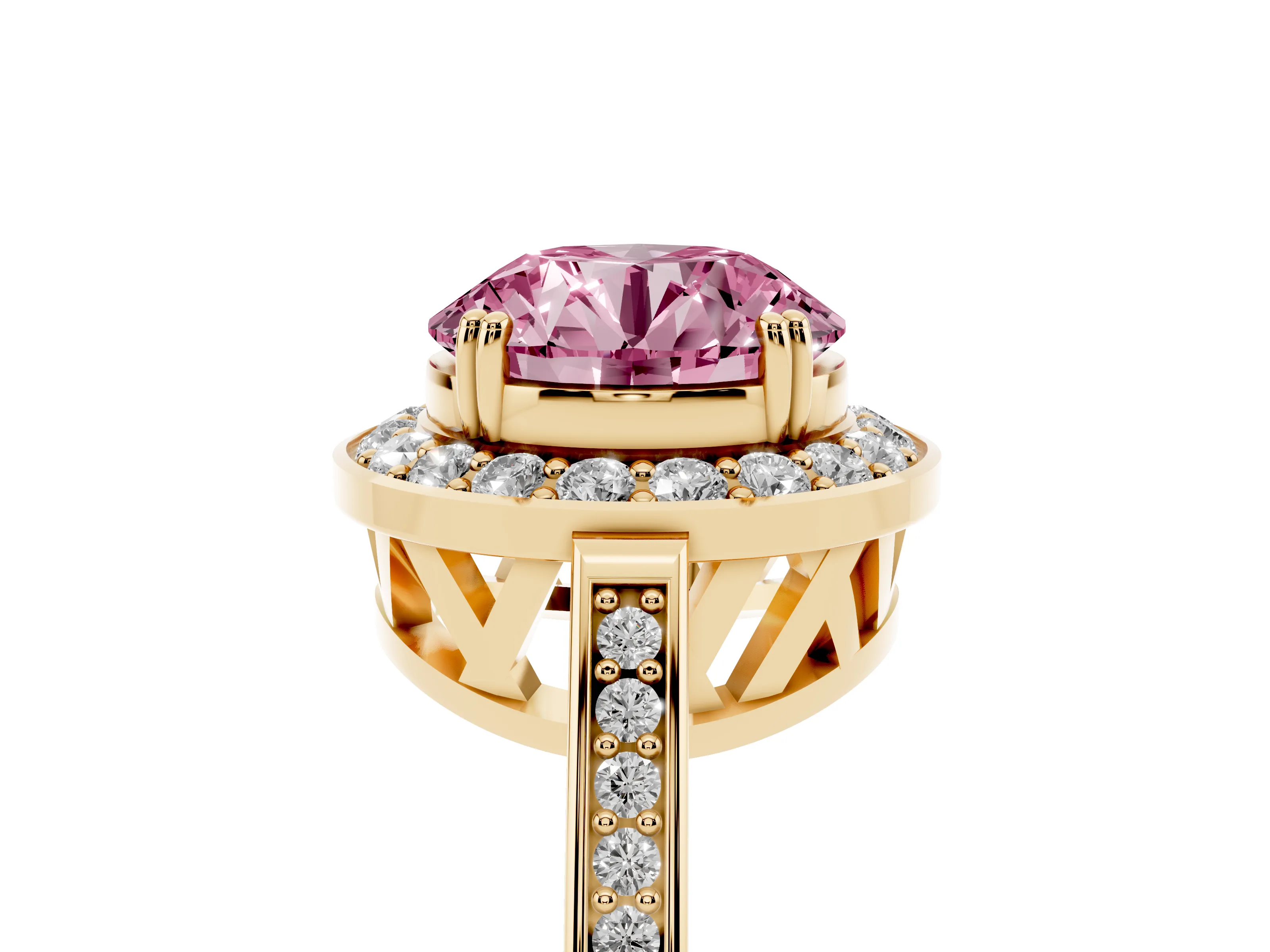 Fancy Pink Round Cut Diamond Halo Ring Set in Yellow gold with Accent-Lined Split Shank and Prong Setting