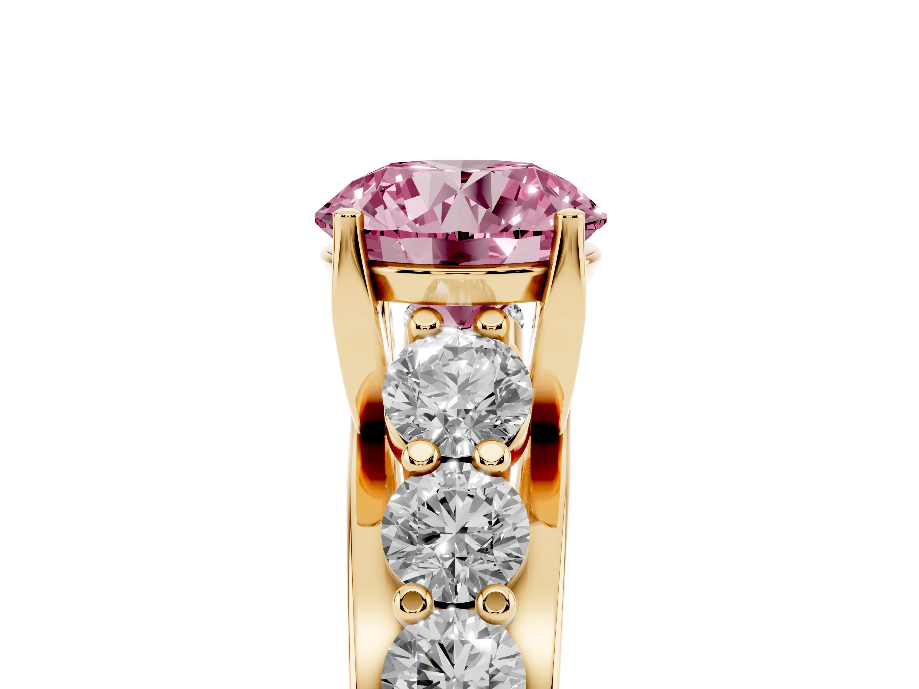 Fancy Pink Round Cut Diamond Pavé Engagement Ring Set in Yellow gold with Prong Setting