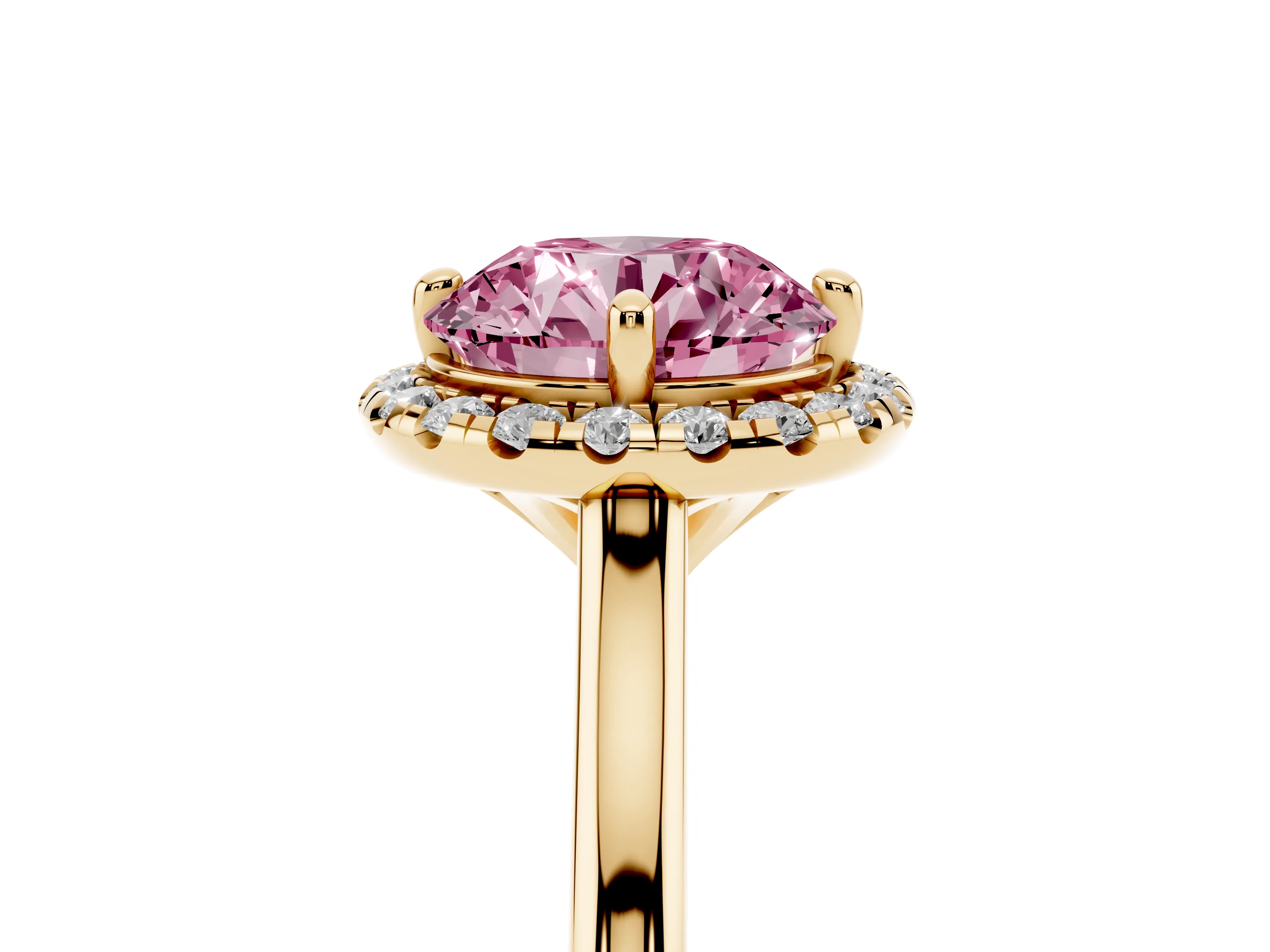 Fancy Pink Round Cut Diamond Halo Engagement Ring Set in Yellow gold with Pavé Band and Rising Shoulders