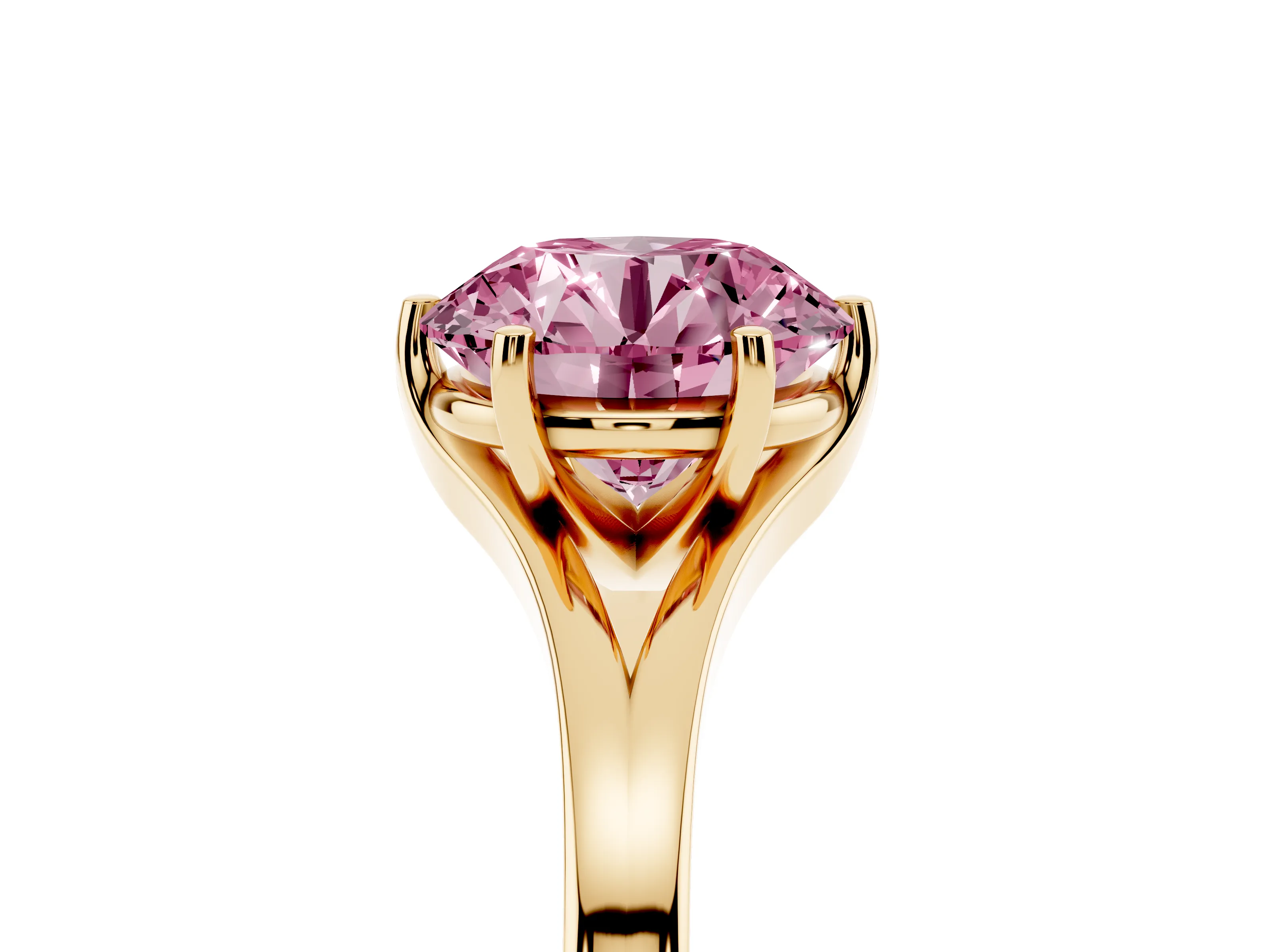Fancy Pink Round Cut Diamond Solitaire Ring Set in Yellow gold with Polished Tapered Band and Prong Setting