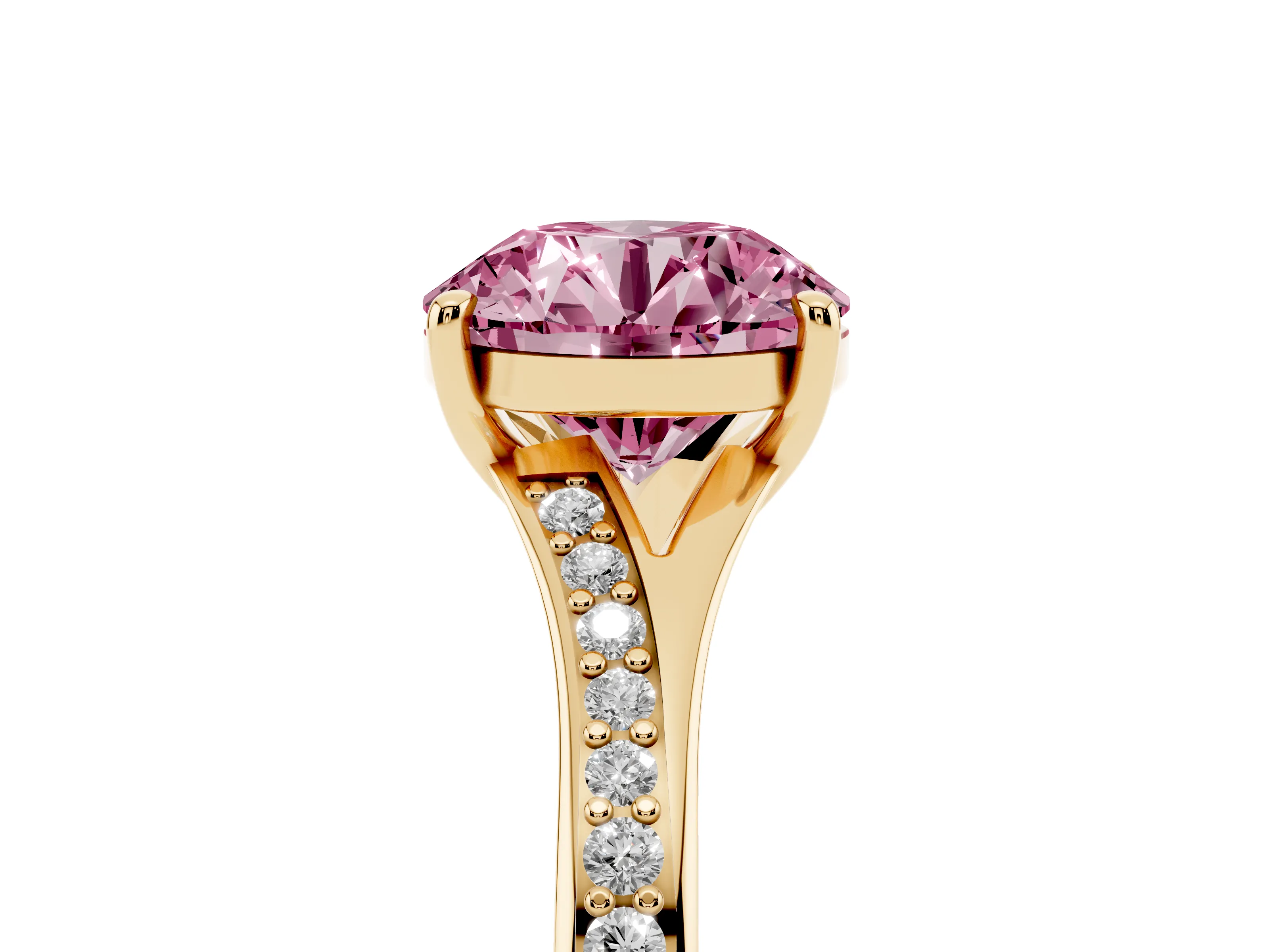 Fancy Pink Round Cut Diamond Solitaire Ring Set in Yellow gold with Pavé Accent Band and Classic Prong Setting
