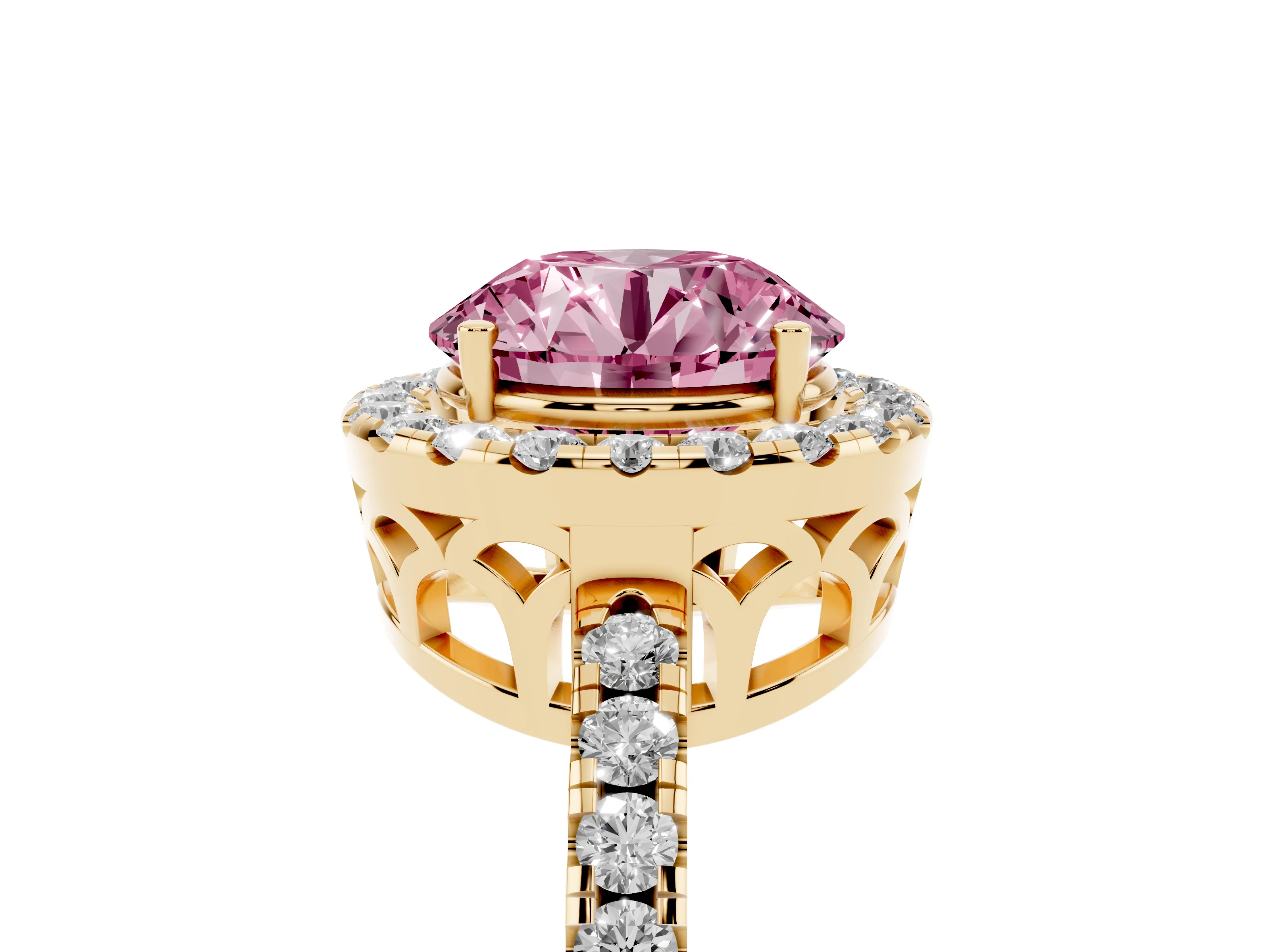 Fancy Pink Round Cut Diamond Pavé Band Halo Engagement Ring Set in Yellow gold with Prong Setting
