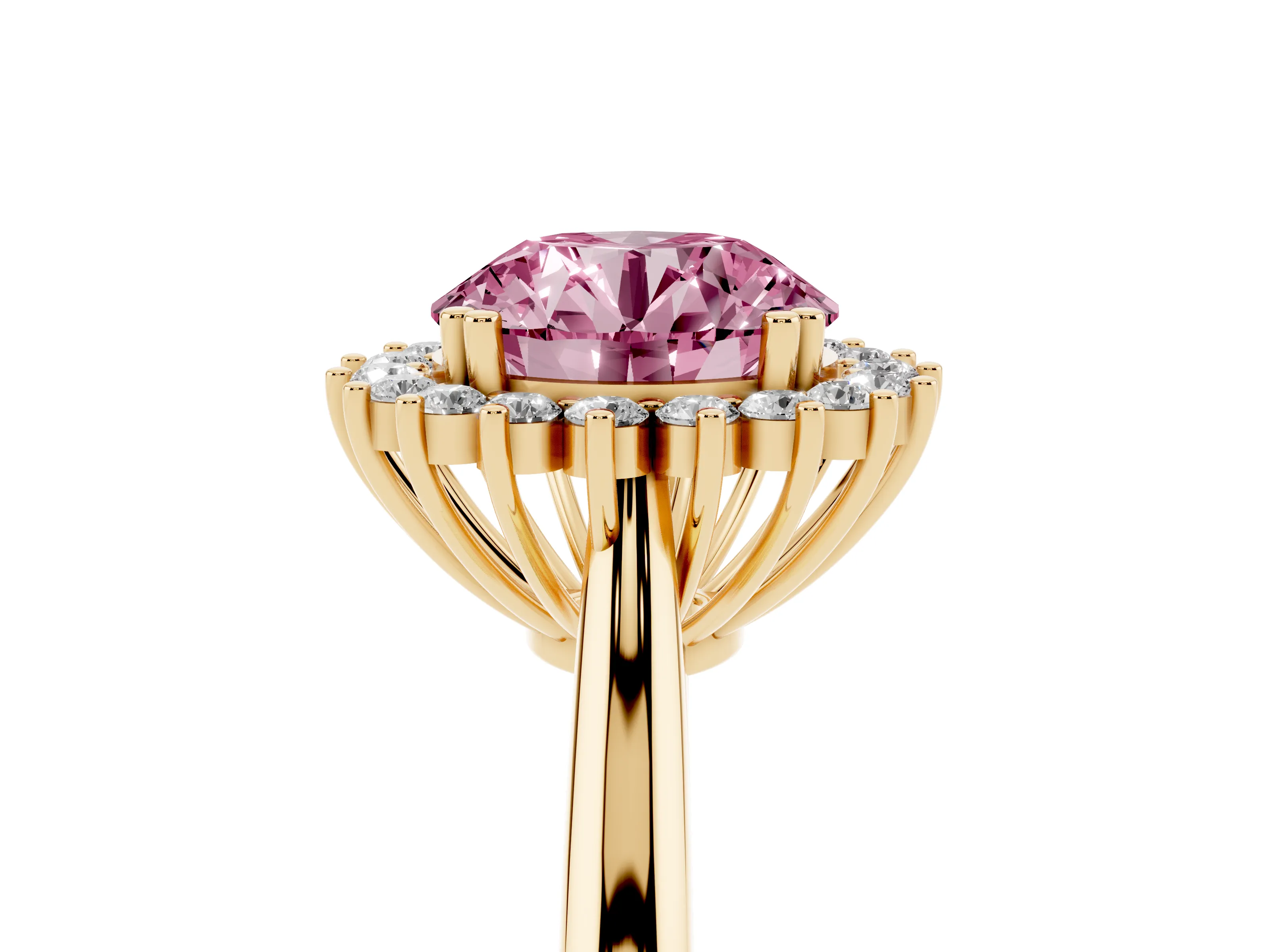 Fancy Pink Round Cut Diamond Halo Ring Set in Yellow gold with Plain Solitaire Band and Prong Setting