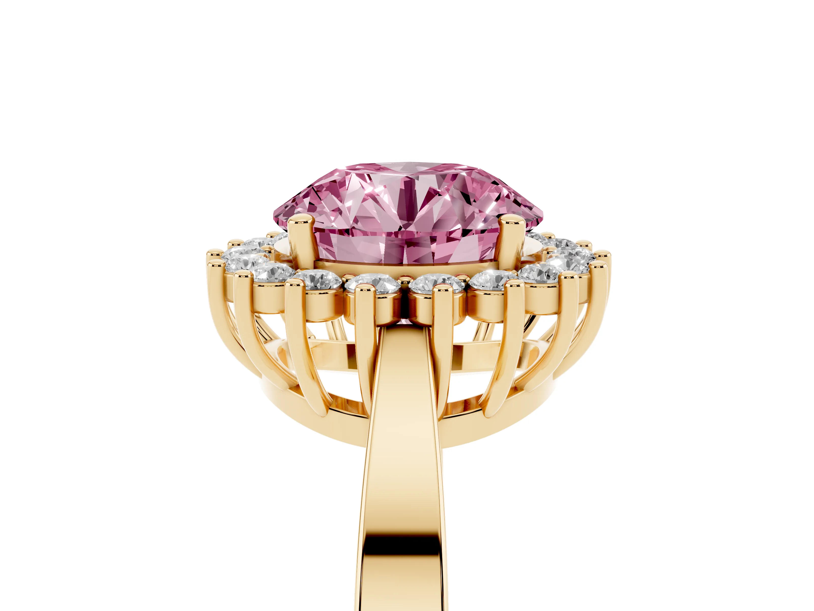 Fancy Pink Round Cut Diamond Halo Ring Set in Yellow gold with Round Halo and Smooth Solitaire Band
