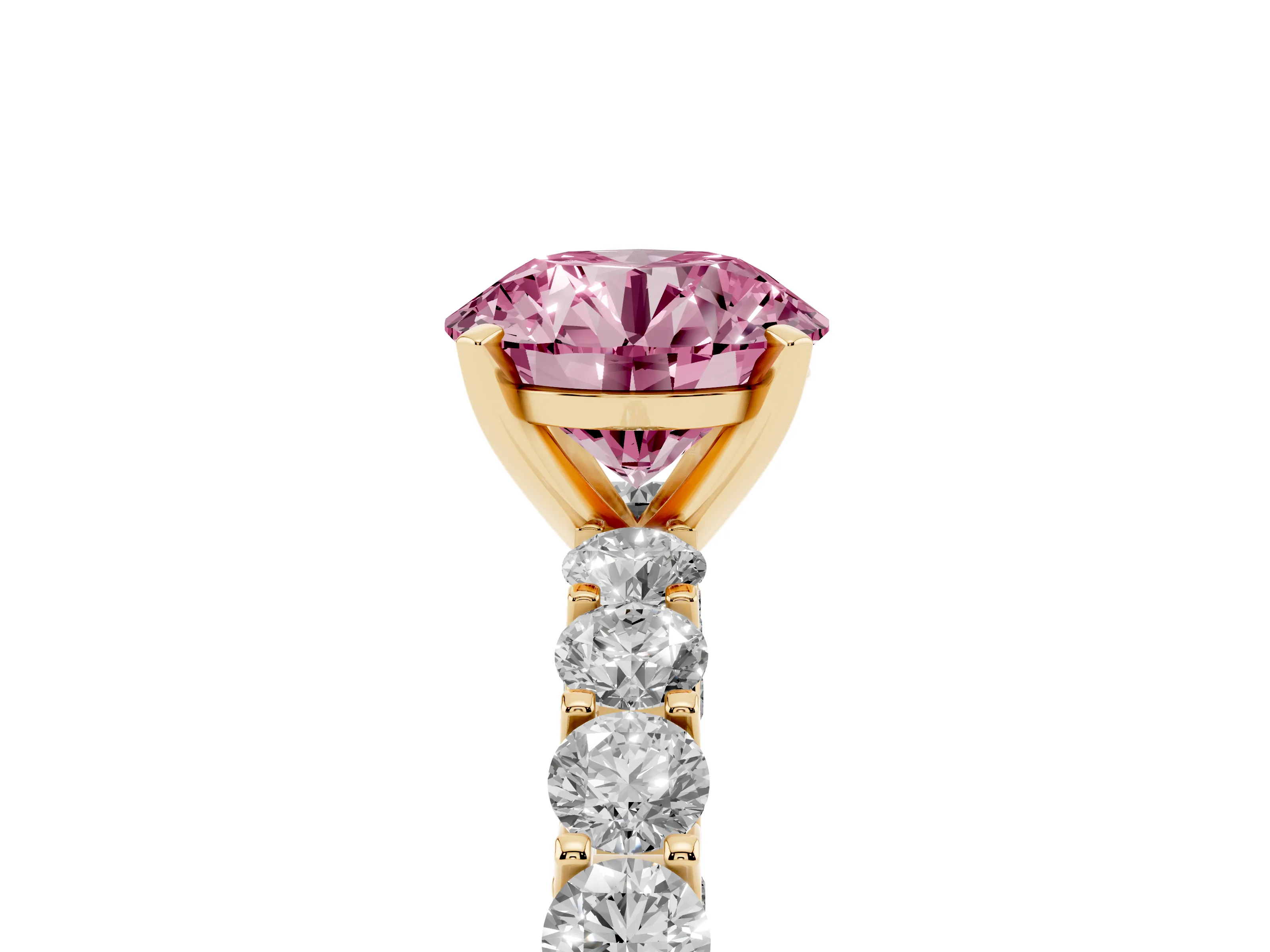 Fancy Pink Round Cut Diamond Solitaire Ring Set in Yellow gold with Shared Prong Pavé Band