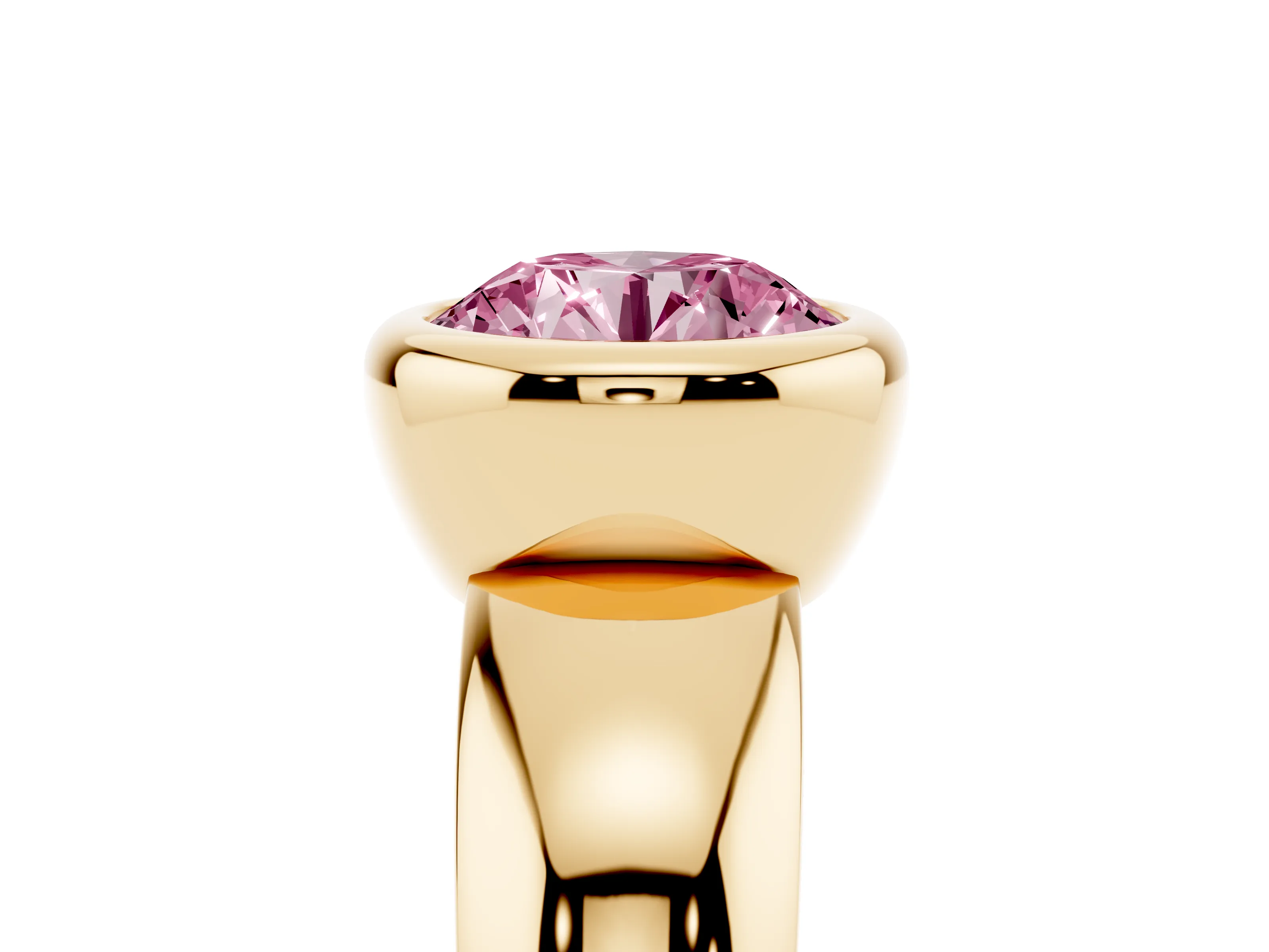 Fancy Pink Bezel Set Round Cut Diamond Solitaire Ring Set in Yellow gold with Wide Band