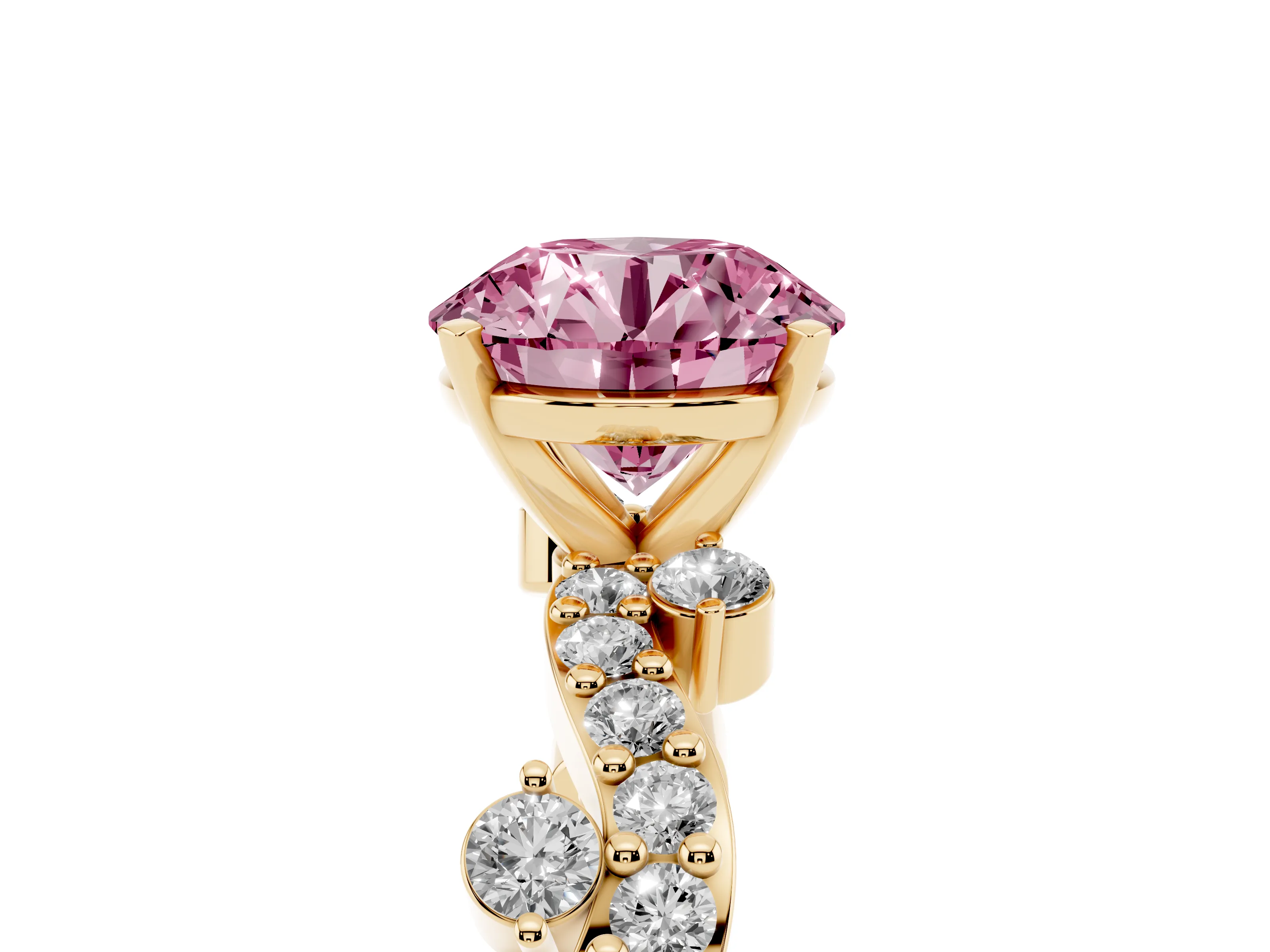 Fancy Pink Round Cut Diamond Solitaire Twisted Band Set in Yellow gold with Pavé Setting