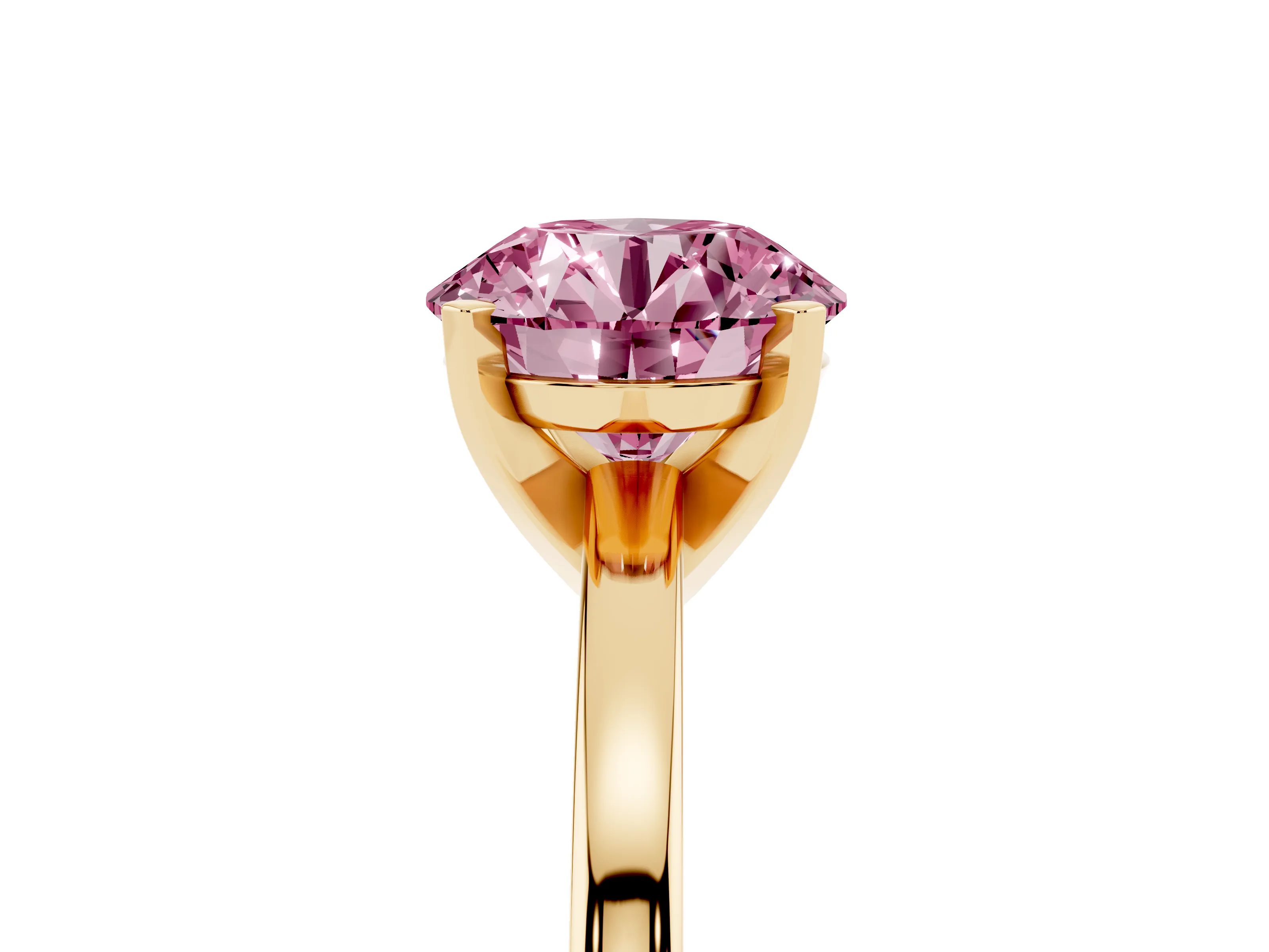 Fancy Pink Round Cut Diamond Solitaire Engagement Ring Set in Yellow gold with Prong Setting on a Classic Band