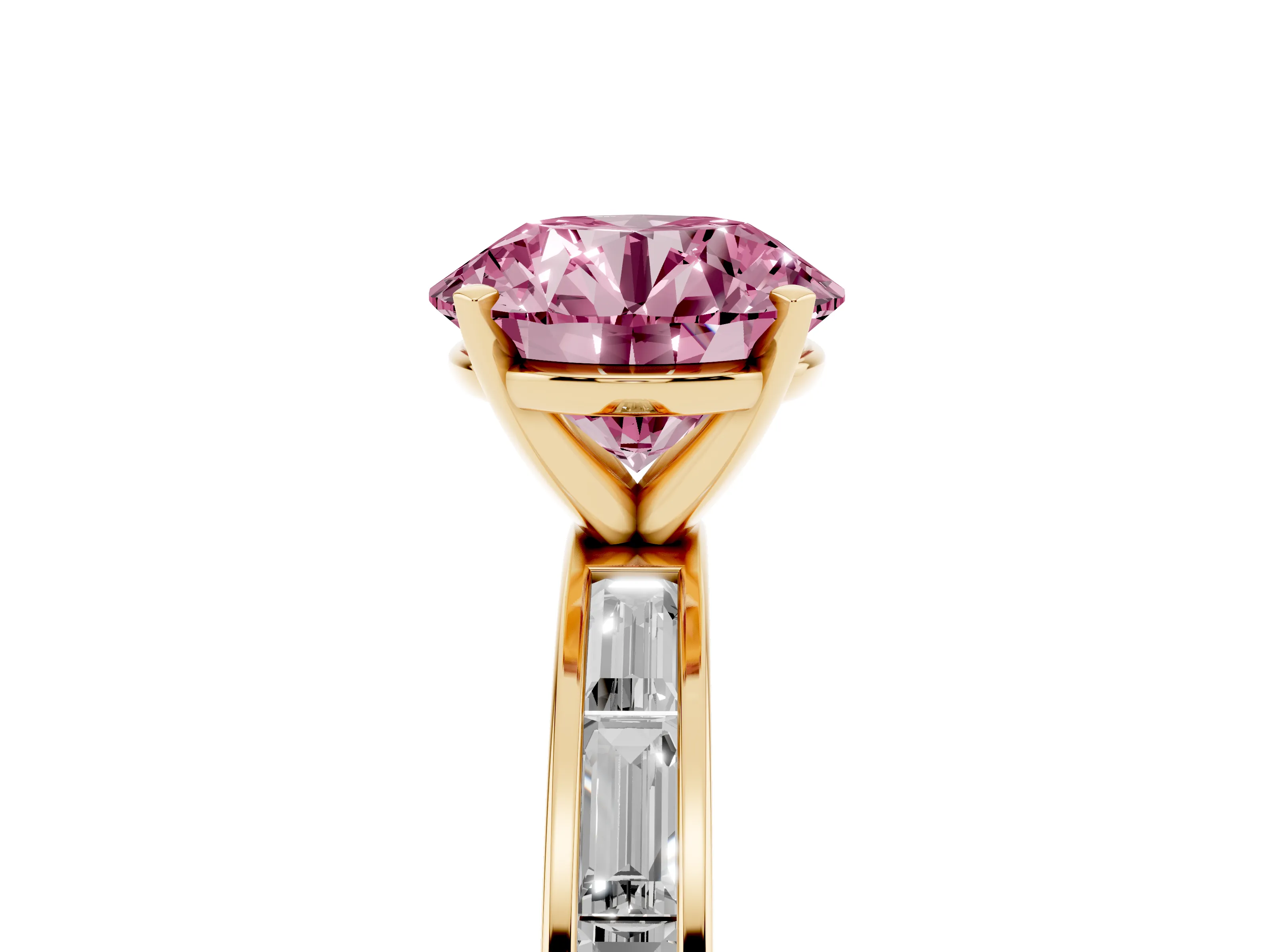 Fancy Pink Round Cut Diamond Solitaire Ring Set in Yellow gold with Channel-Set Baguette Band and Prong Setting