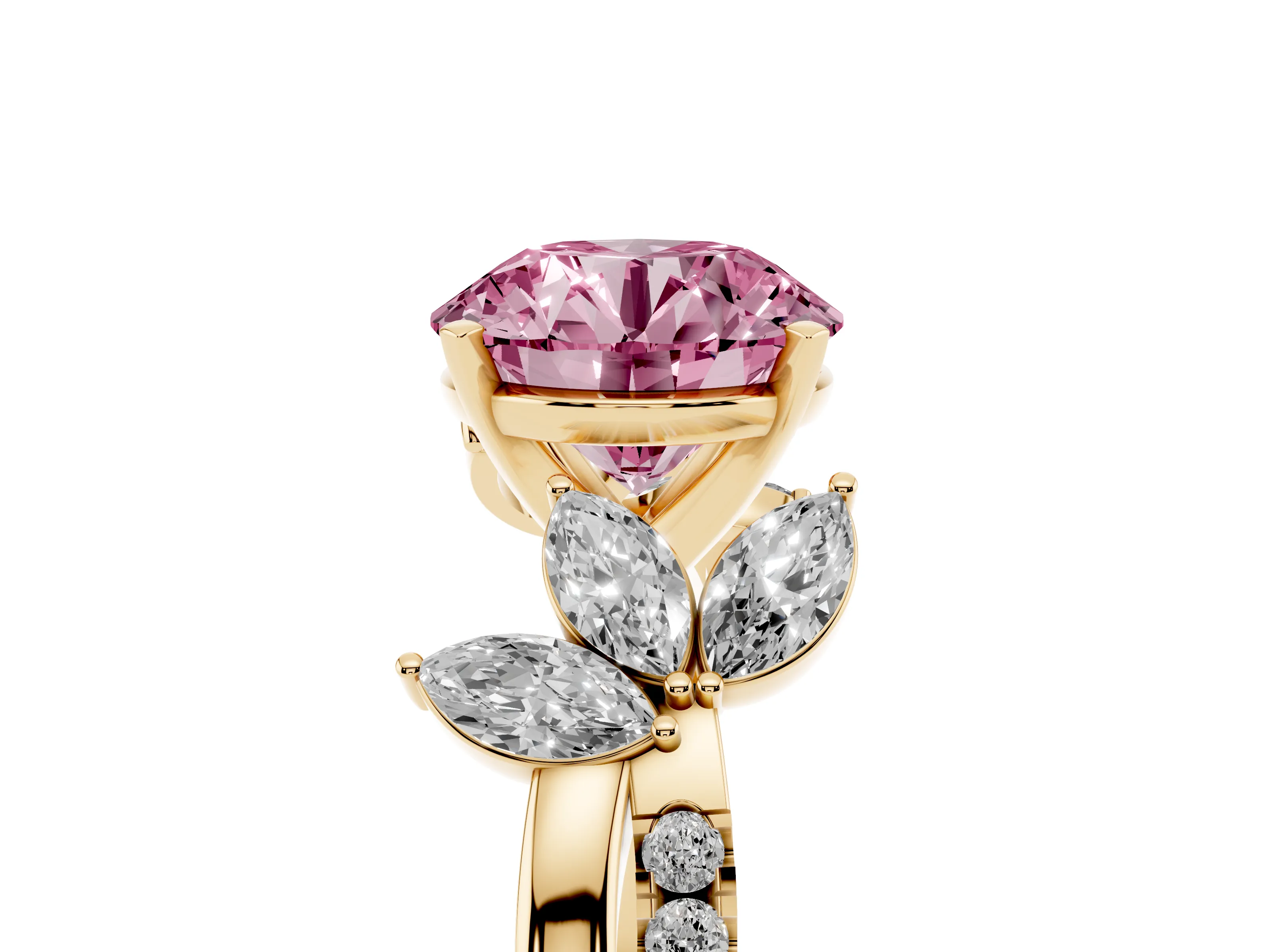 Fancy Pink Round Cut Diamond Floral Vine Solitaire Engagement Ring Set in Yellow gold with Marquise Leaves