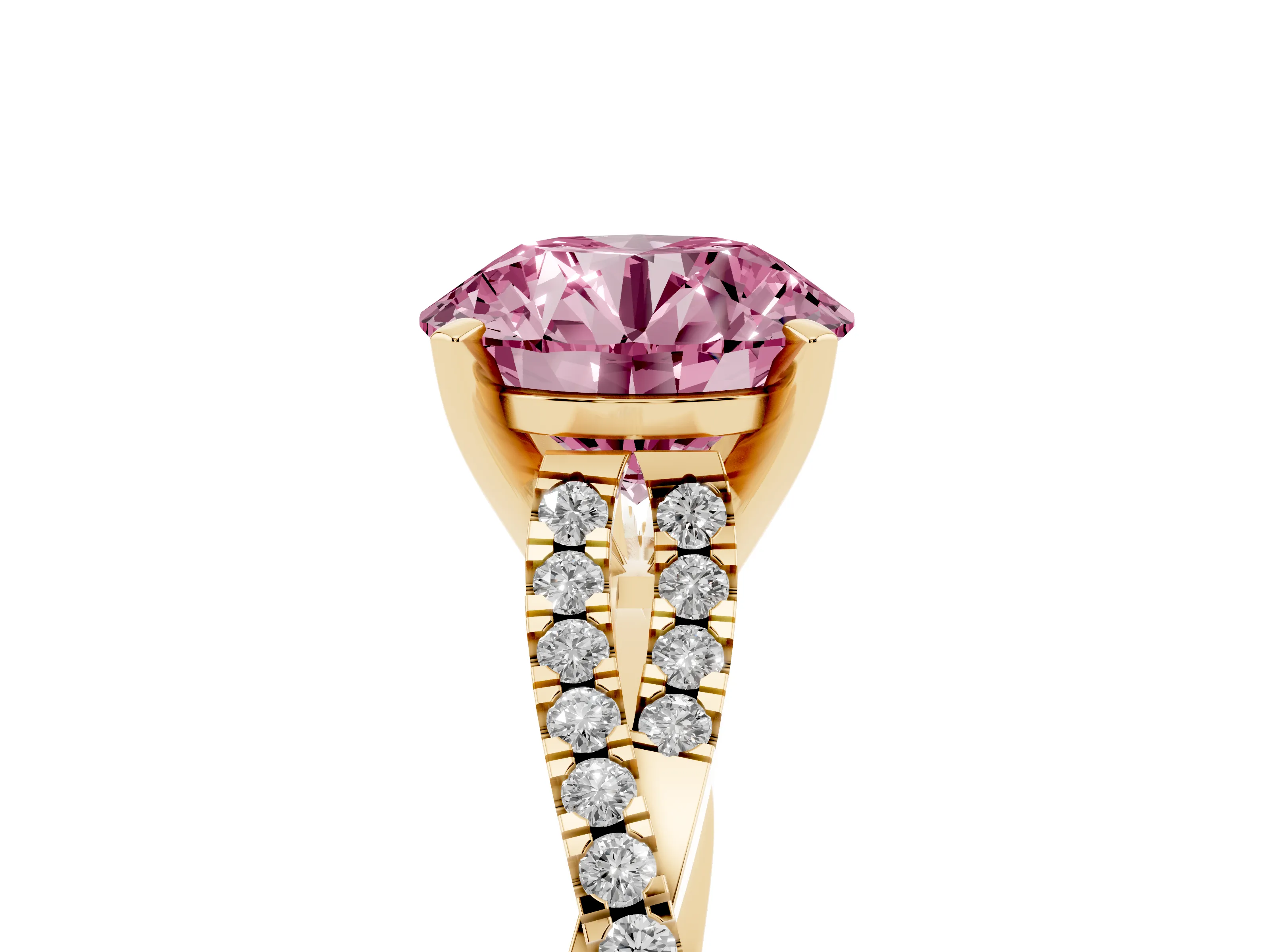 Fancy Pink Round Cut Diamond Solitaire Engagement Ring Set in Yellow gold with Twisted Pavé Band and Prong Setting