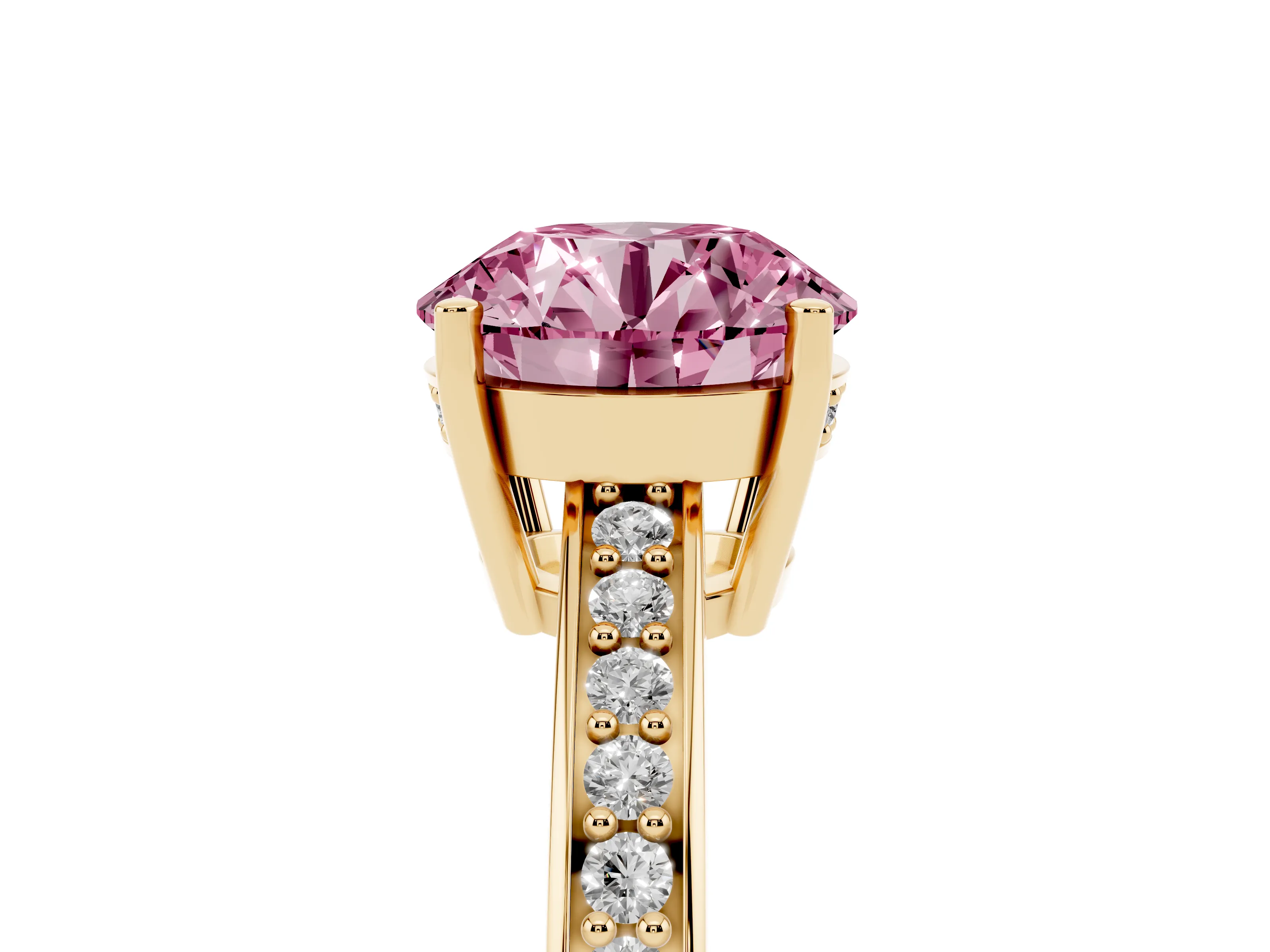 Fancy Pink Round Cut Diamond Pavé Band Prong Set Solitaire Ring Set in Yellow gold