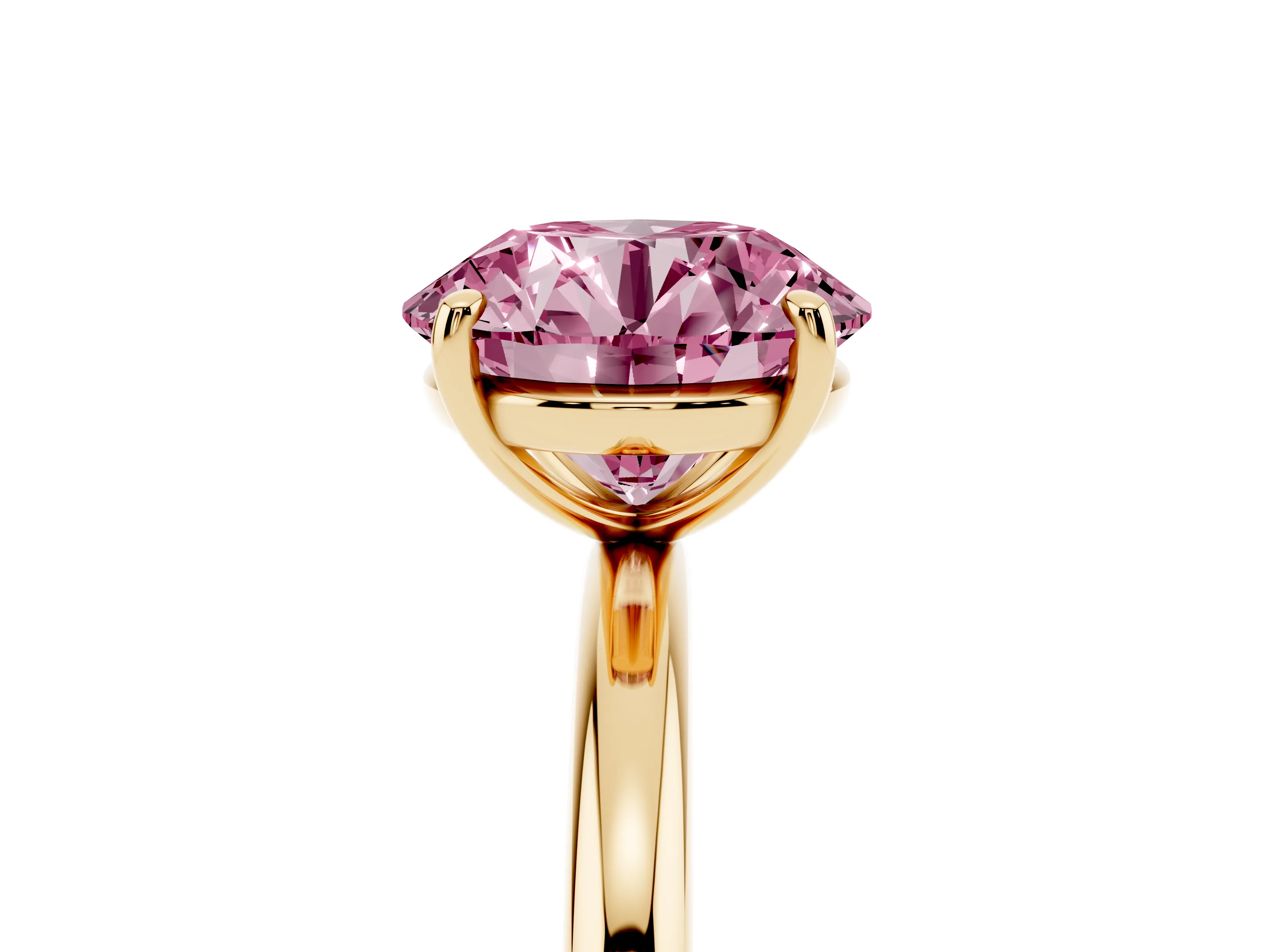 Fancy Pink Round Cut Diamond Solitaire Ring Set in Yellow gold with Prong Setting on a Polished Plain Band