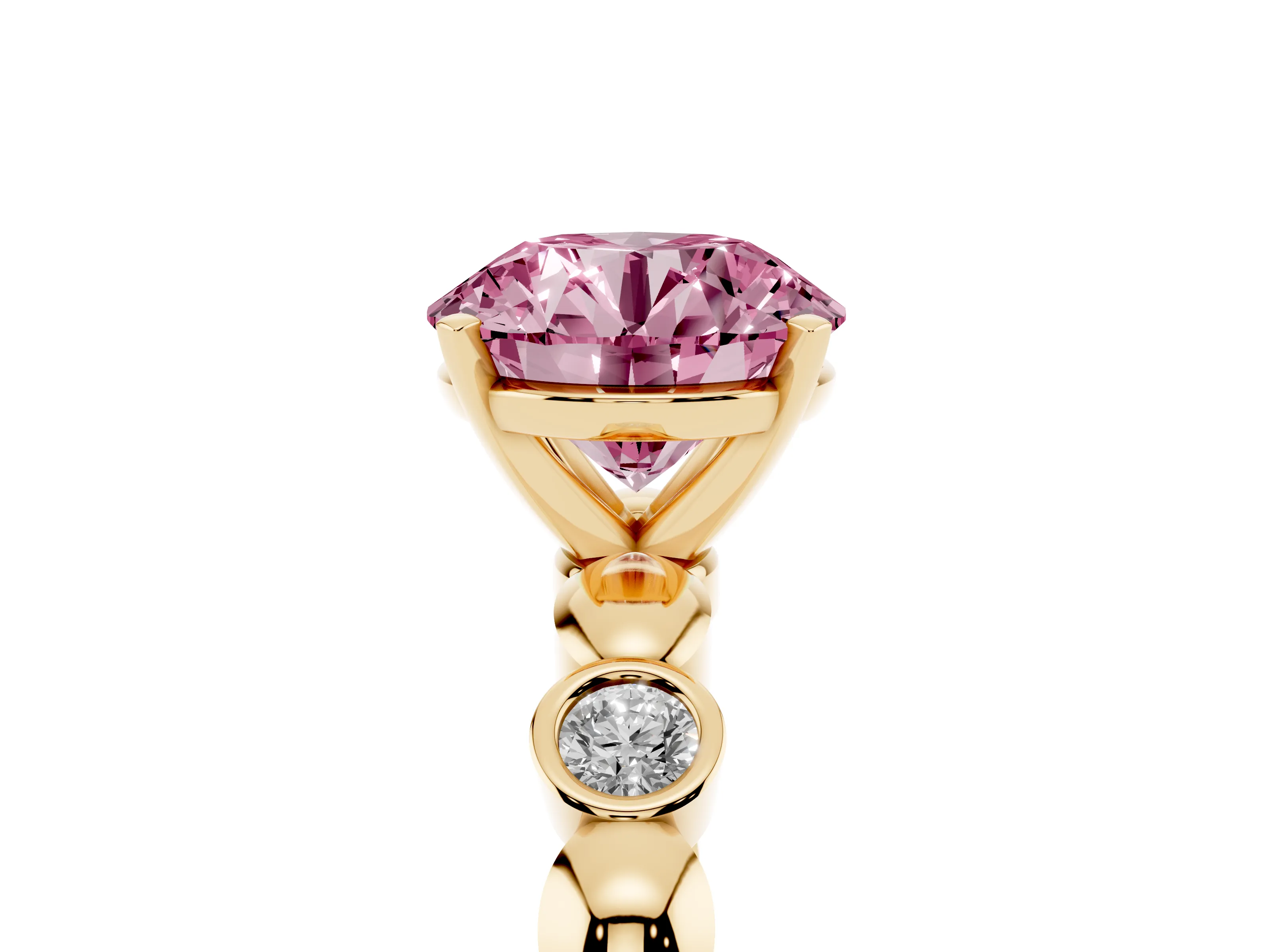 Fancy Pink Round Cut Diamond Solitaire Ring Set in Yellow gold with Bezel-Set Accents on Beaded Band and Prong Setting