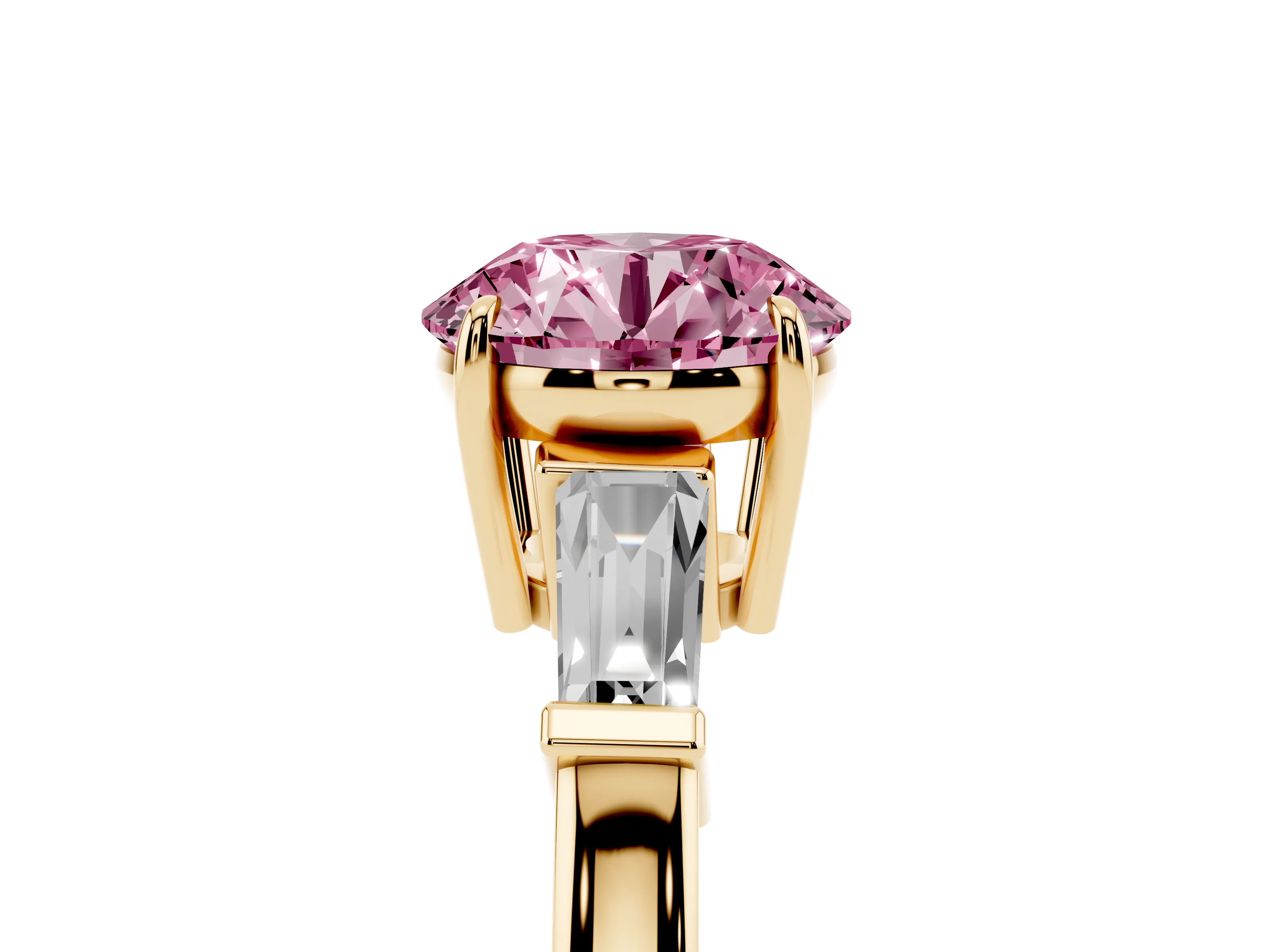 Fancy Pink Round Cut Diamond Three-Stone Ring Set in Yellow gold with Tapered Baguette Side Stones and Prong Setting