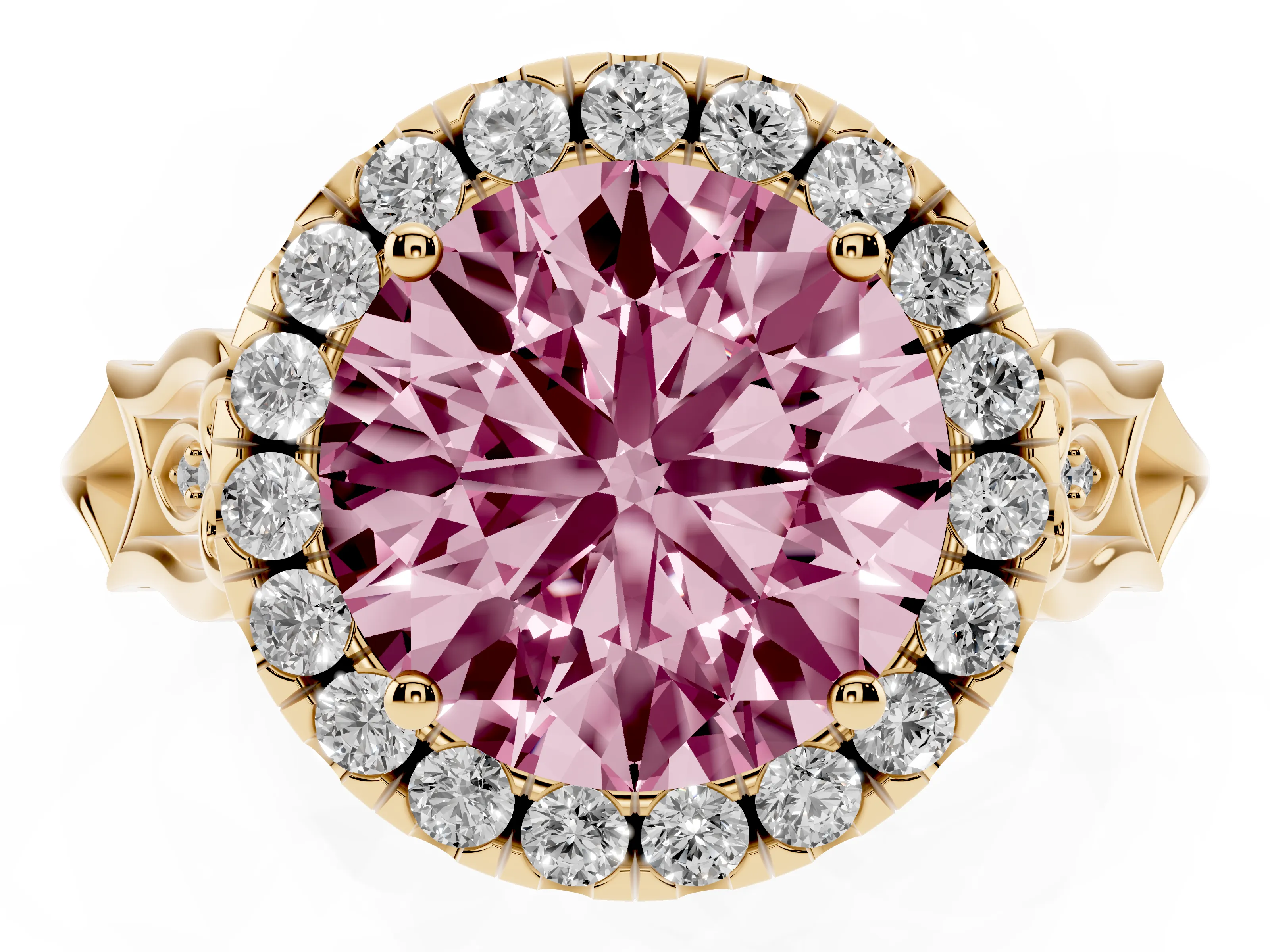 Fancy Pink Round Cut Diamond Halo Engagement Ring Set in Yellow gold with Filigree Band and Prong-Set Center