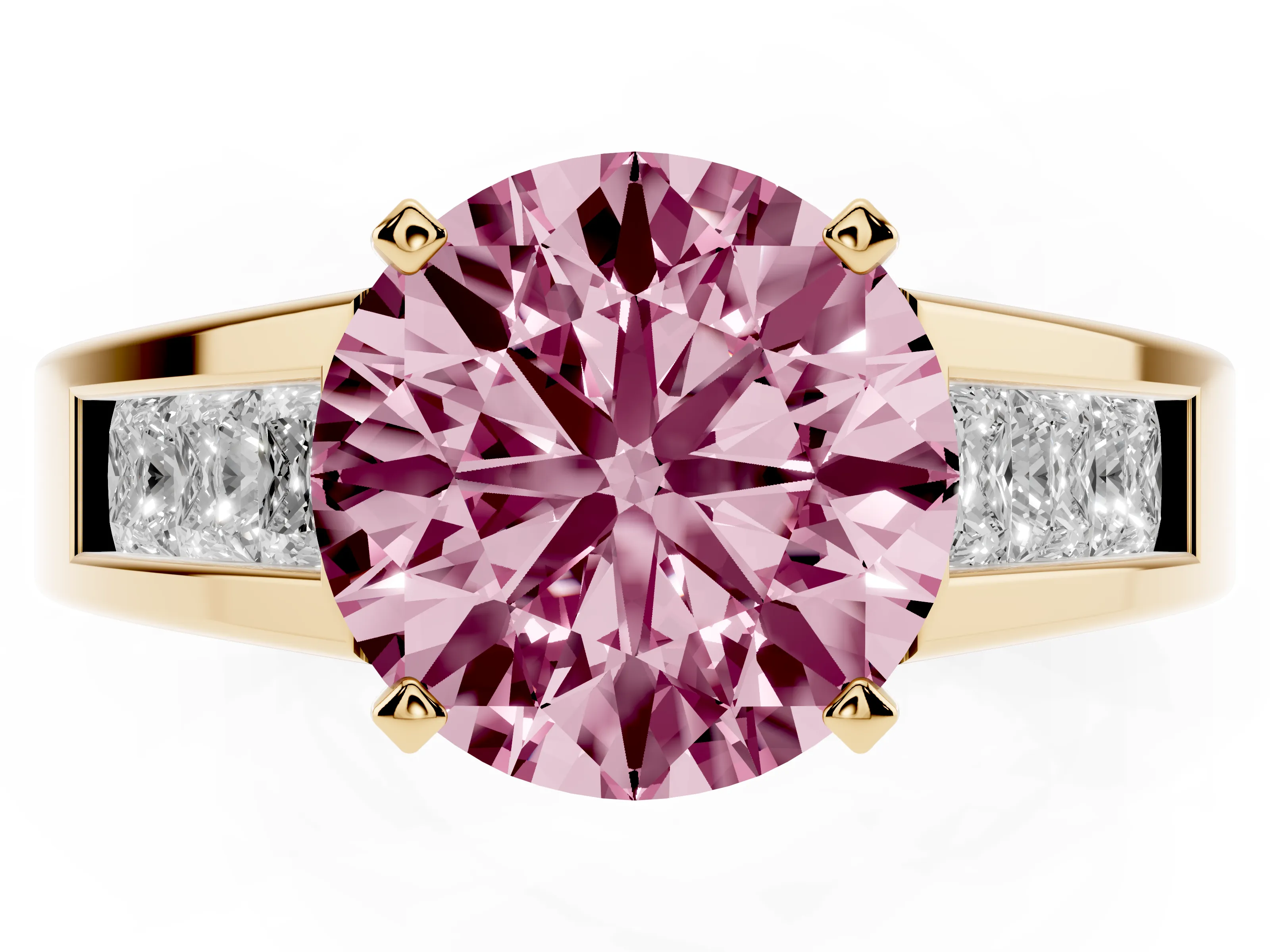 Fancy Pink Round Cut Diamond Solitaire Ring Set in Yellow gold with Channel-Set Accent Stones and Prong Setting